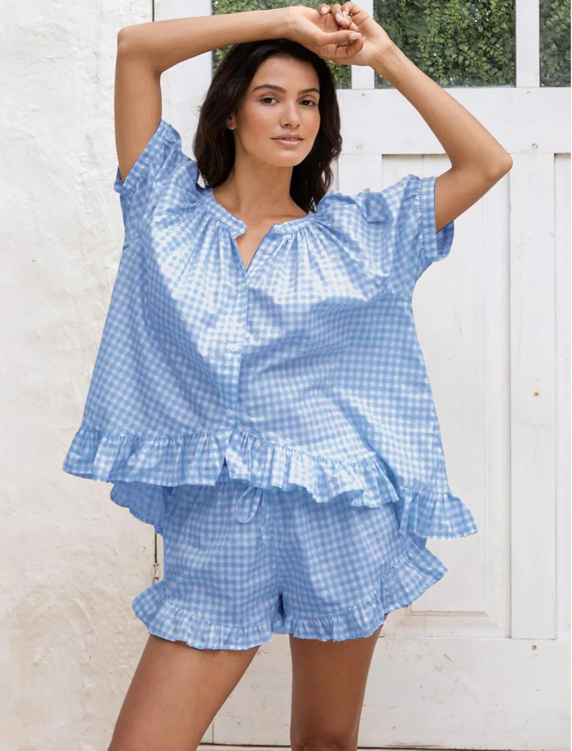 Wyeysyt Womens Gingham Pajamas Set 2 Piece Cotton Pj Sets Ruffle Babydoll Shirt and Plaid Shorts - Image 3
