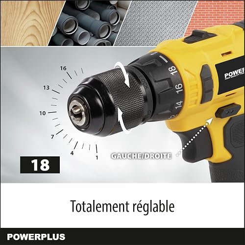 Powerplus Perceuse-Visseuse sans Fil POWX00425 - Tournevis 16V, 2x1.3Ah Batteries, Chargeur, Mallette Outil, Bois, Pierre, Métal - 4
