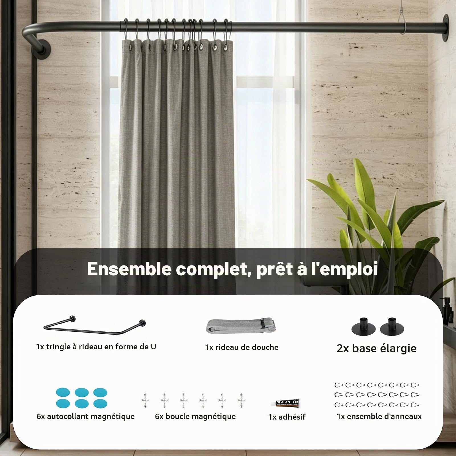 Tringle Douche en U Sans Perçage, Barre Extensible avec Kit Rideau Douche | Kit Complet avec Rideau Douche Imperméable, Anneaux et Colle Sans Clou pour Douche d'angle, Petites Salles de Bain, Vestiaire