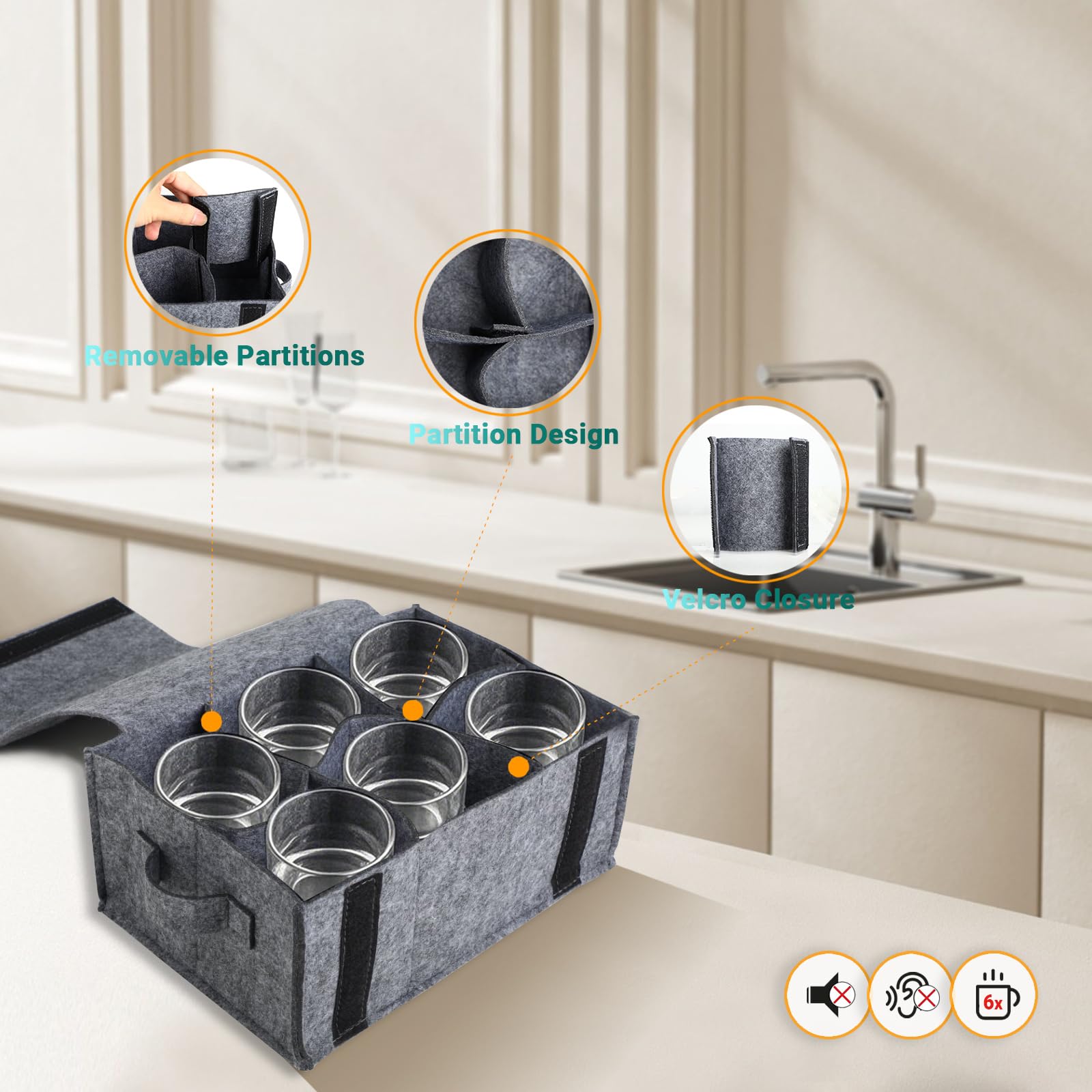 Boîte de Rangement en Feutre pour Rangement Camping-Car Rangement Vaisselle Support pour Assiettes Design Pliable Peut contenir 8 Assiettes et 6 Tasses（Gris）