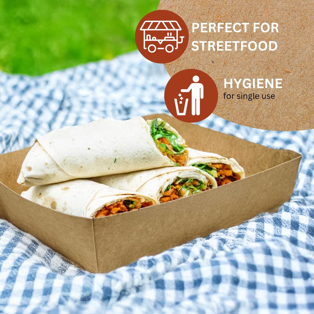Enpack Snackschale A50-100 Stück Snackschalen aus Kraftpapier - Snack Box 20 x 12 x 4 cm - Currywurst Schale 950 ml - Behälter für Tapas, Chips, Pommes etc. - optimal geeignet als Fingerfood Schalen