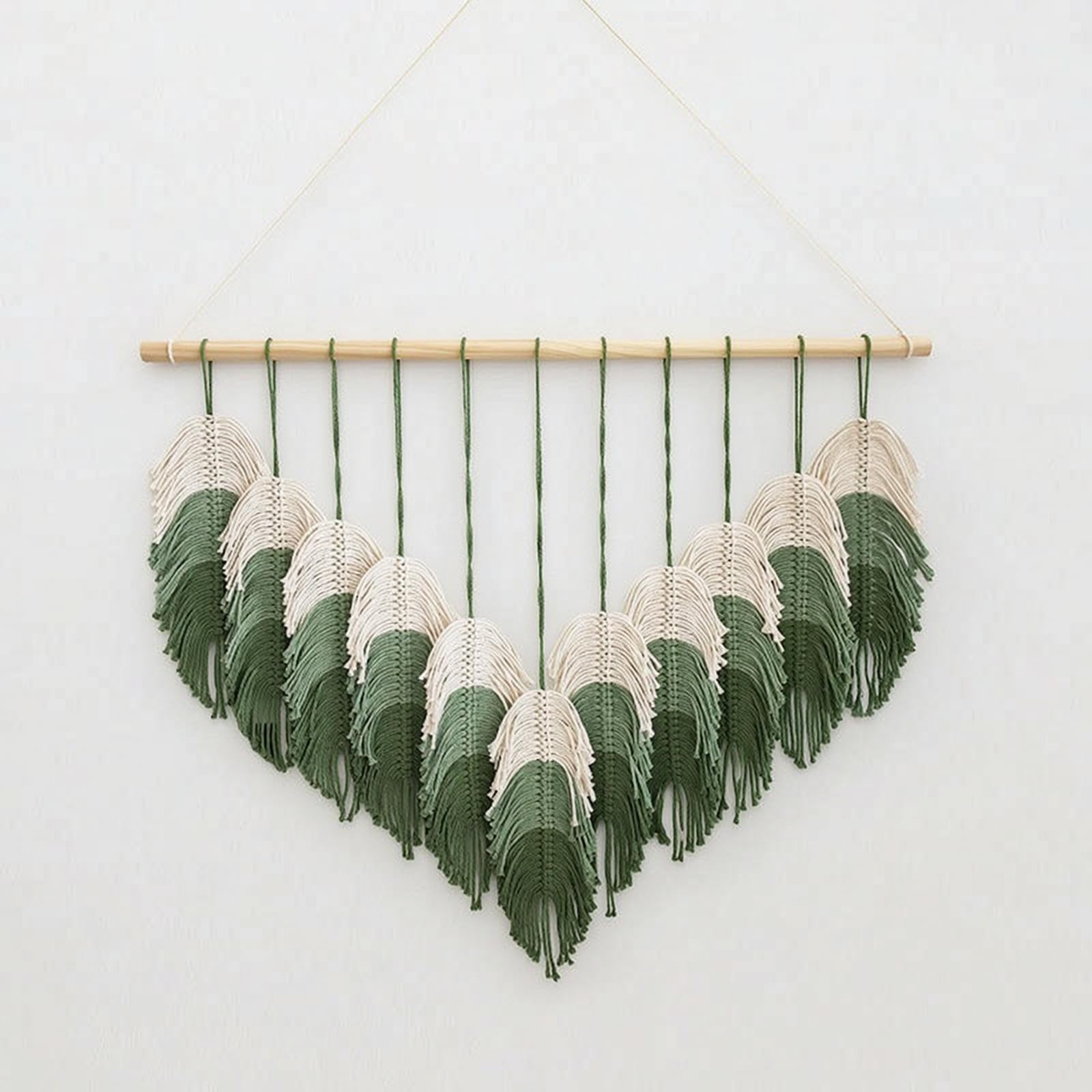Fonowx Tapiz de Hojas Macramé Pared Colgante Decoración Mural Tejido Artesanal con Caída en Barra de Colgado Algodón y Madera Adecuado para Sala de Estar, Verde, 80 110cm