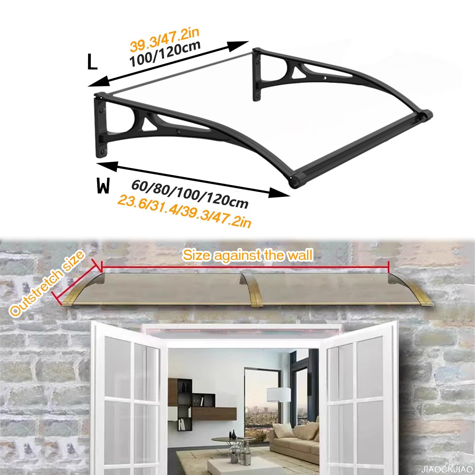 Deurluifel buitenkant met aluminium beugel, bescherming Afdak met waterafvoer, buitenveranda patio luifel voordeur, gebogen polycarbonaat overkapping lessenaarluifel (Color : Clear, Size : W100xL120