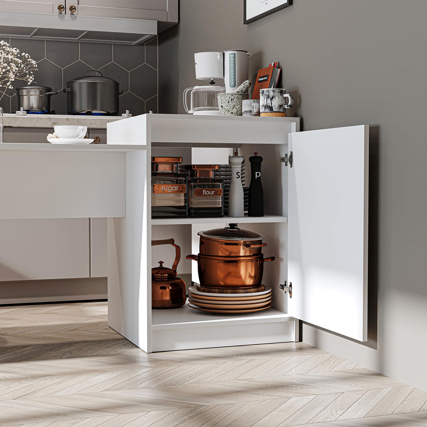 ROOMART Kücheninsel „Milano“ – Küchentisch & Esstisch mit Stauraum, Küchenschrank-Kombination, BHT: 160 x 85 x 60 cm – Modern & platzsparend (Weiß)
