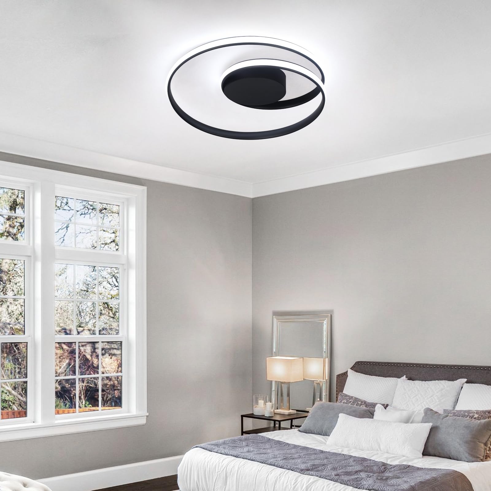 Flush Mount Deckenleuchte mit Fernbedienung Led 18''Runde dimmbare Badezimmer Deckenleuchte Flur Licht mit 3 Farbtemperatur Lampe 47W für Schlafzimmer Flur Küche (Schwarz)