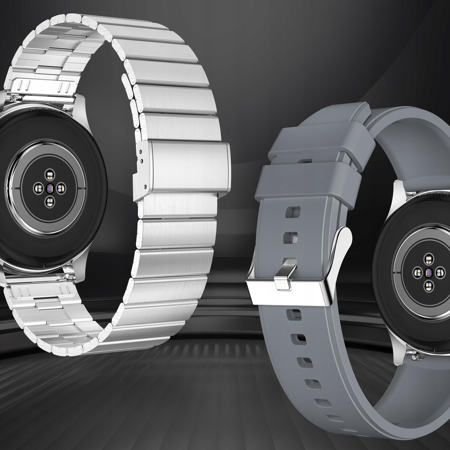 Back of the FOREVER Smartwatch Grand 2 SW-710 showing sensors and two wristbands, one metal and one silicone.
