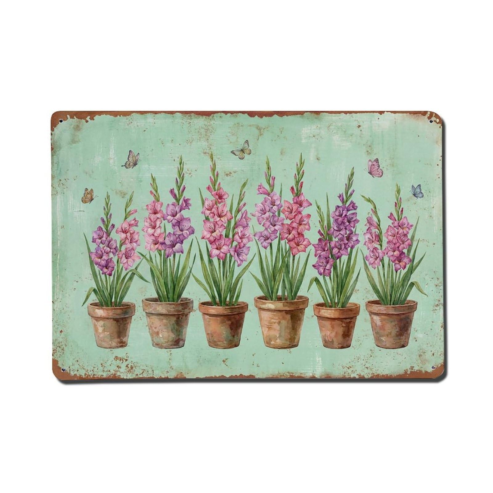 Vintage Rustic Flower Potted Plants Gladiolus Metal Tin Sign