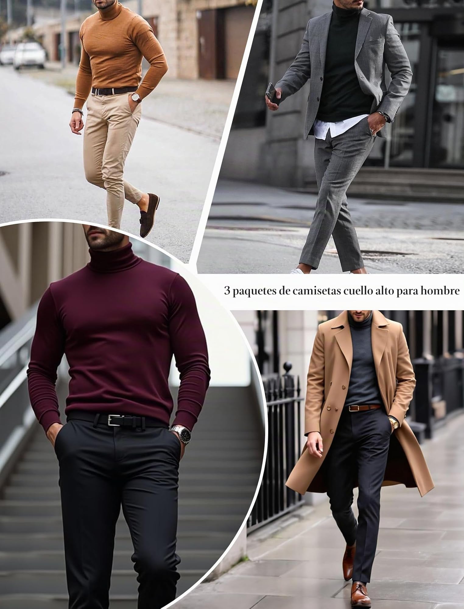 Ekouaer 3pcs Hombre Camiseta Interior Térmica Invierno Camiseta Manga Larga con Cuello Alto Negro+Blanco+Marrón M