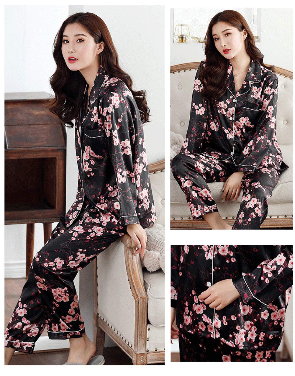 Pijamas De Mujer,Conjunto De Pijama De Seda Satinada Sexy Con Cuello En V Estampado De Flores Ropa De Dormir 2 Piezas Con Botones Pantalones De Manga Larga Conjunto De Ropa De Dormir Ropa De Dormir,N
