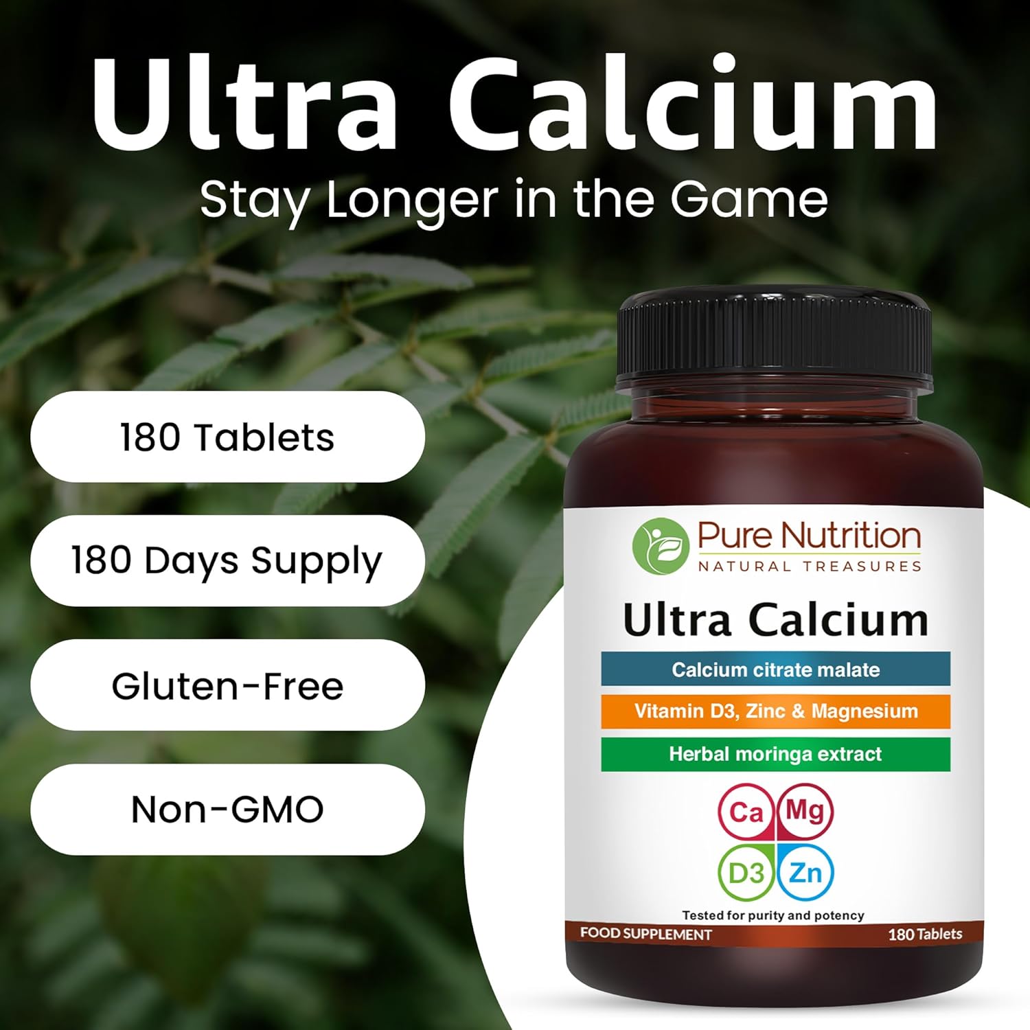 Pure Nutrition Ultra Calcium Citrate 1000mg Highly absorbable Calcium Supplement with Calcium Citrate Malate, Vitamin D, Zinc and Magnesium - 1 Tablet Daily (180 Veg Tabs) Non-GMO | Gluten-Free