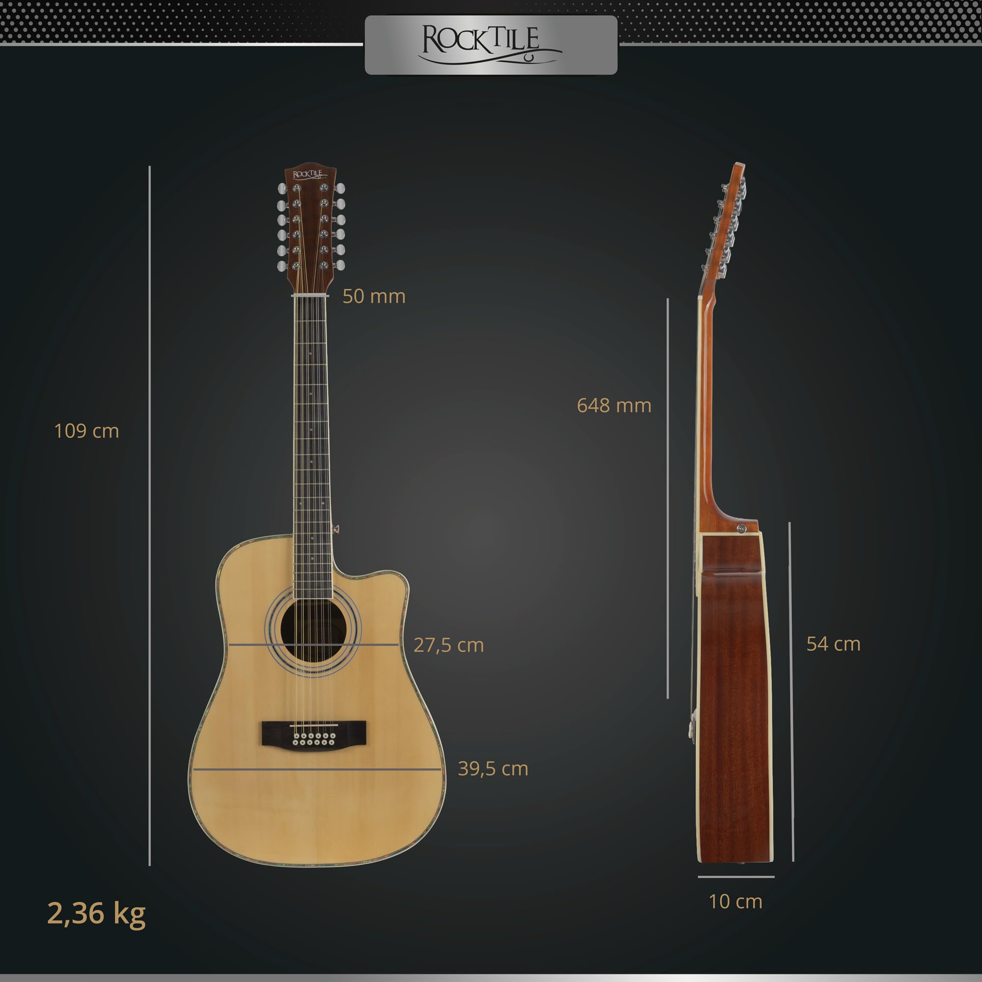 Rocktile WSD12-50C-NT Chitarra Western Naturale, Informazioni Generali | Modello: WSD12-50C-NT, Peso: 2, 36 kg, Numero di corde: 12, Orientamento: Destrimano, Corpo, Tavola: Abete, Manico, Scala: 25