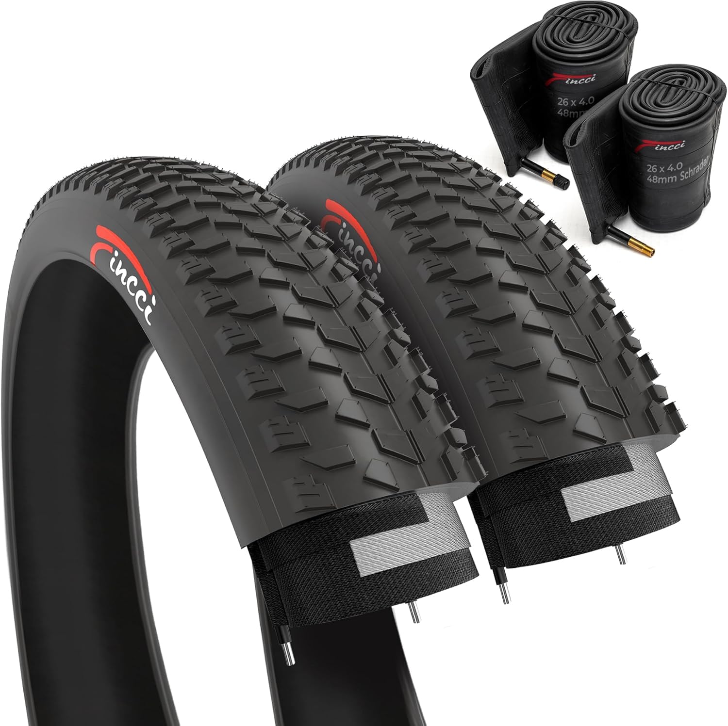Fincci Pneus 26x4.00 Pouces - Paire Pneus Fat Bike Con 2X Chambres à Air de Valve Schrader 100-559, pour VTT, Vélos des neiges, Plage, Pable et Routes Poussiéreuses - Un Paquet de 2
