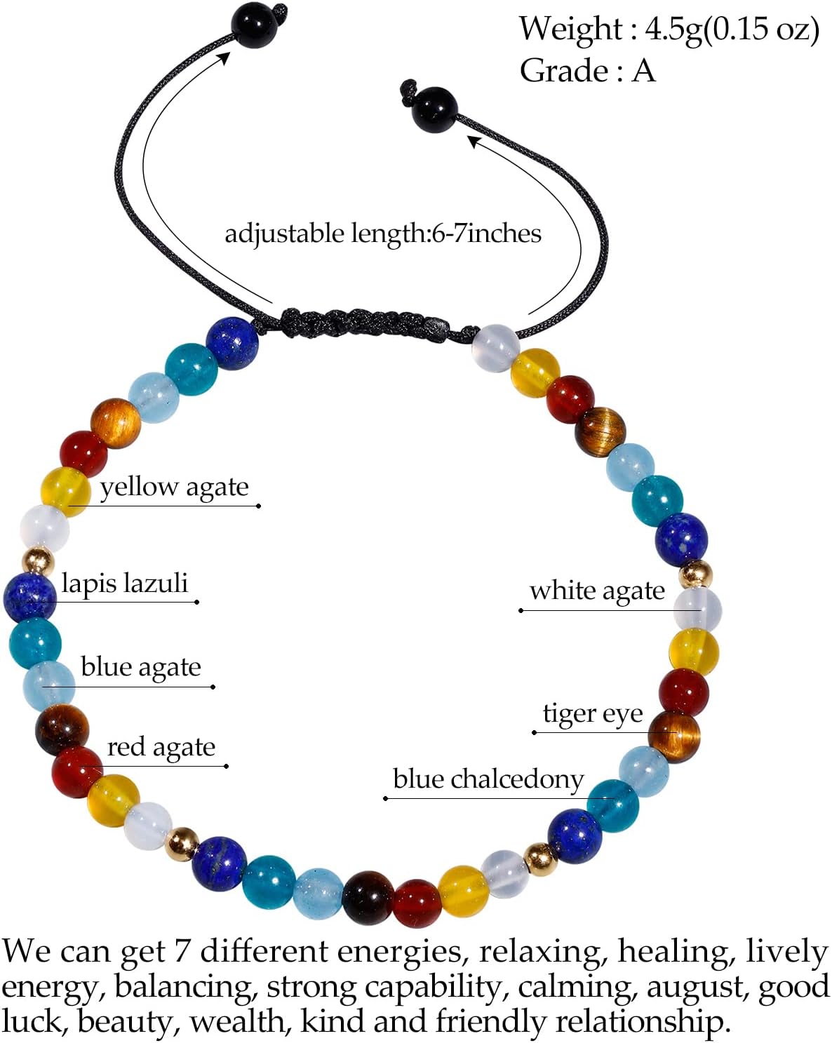 Jewever 7 Chakra Bracelet for Women Crystals and Healing Stones Balance Yoga Meditation Worry Stone Real Stone Lucky Rope Strand Bracelets Adjustable (6"-7") - Image 2