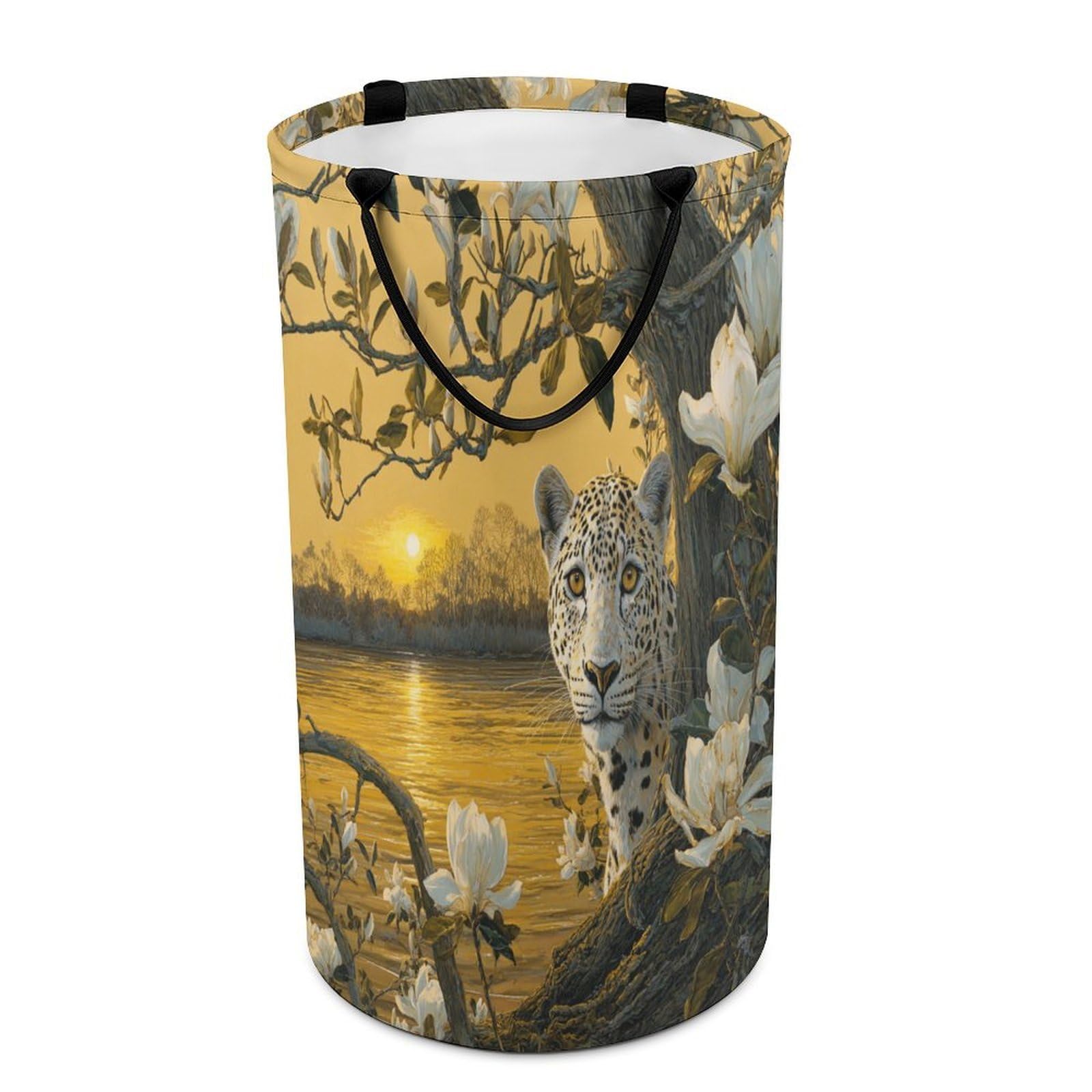 LUYYSKY Beautiful Classic Elegant Leopard Versatile Storage Laundry Basket, Modern Watercolor Sunset Animals Cheetah Plants Magnolia Floral Large Capacity Bathroom Hamper With Handle
