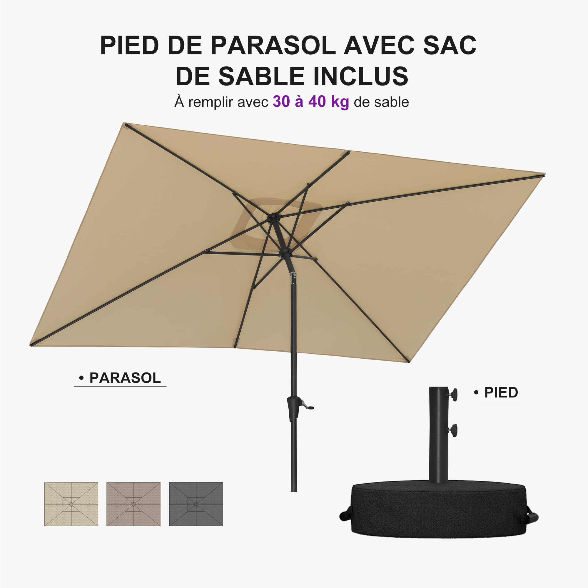 PURPLE LEAF Parasol de Jardin Extérieur Rectangulaire 200 x 300 cm avec Pied, Parasol Toile Toile Anti-UV 180 g/m² avec Inclinable des Deux Côtés pour Balcon, Terrasse, Plage, Beige