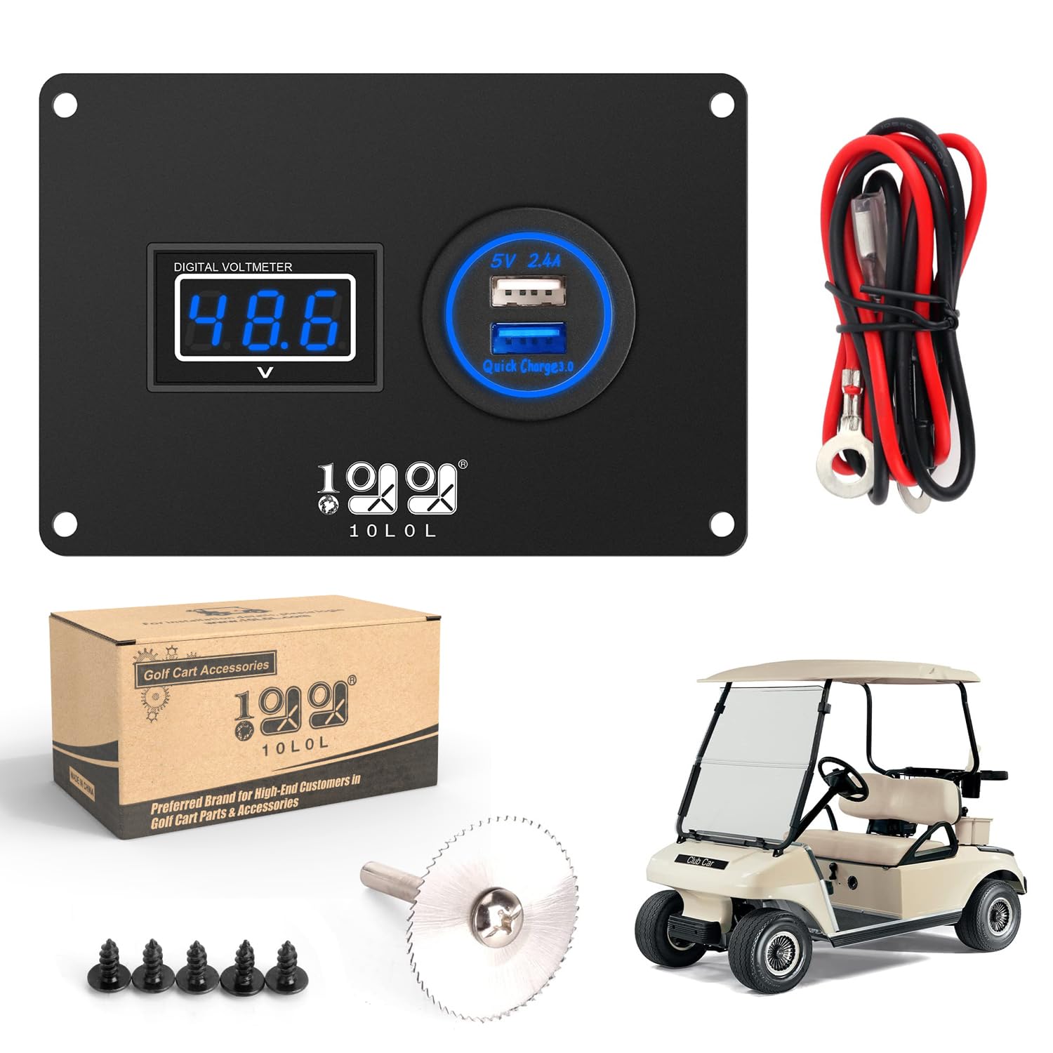 10L0LGolf Cart 2 in 1 Dash Console Panel for Club Car DS 2000 Up Models, Include Digital Battery Voltmeter and 3.0 Fast Charge Dual USB Outlet