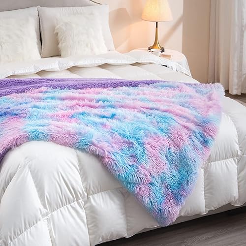 Miniatura 3 de DANGTOP - Manta de piel sintética de lujo, suave manta decorativa de teñido anudado, mantas esponjosas, ligeras, lujosas y acogedoras, de felpa