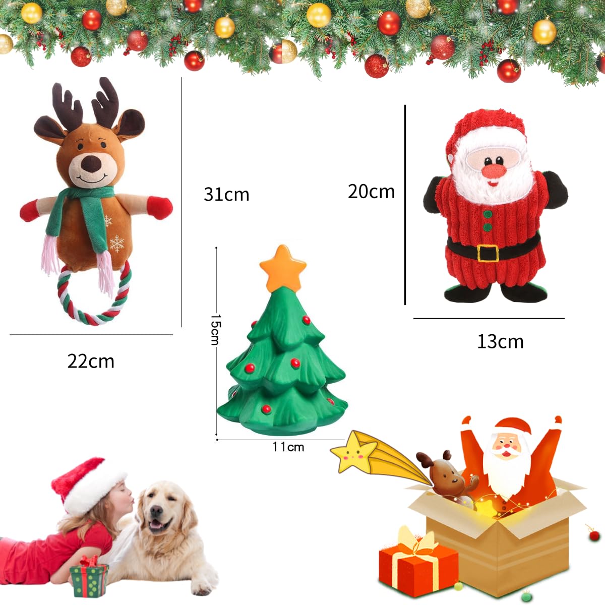 Little Bean Christmas Dog Squeaky Toy Dog Chew Toy 3pcs Set Santa,Christmas Tree and Trindeer Plush Dog Toys for Small Dogs with Squeakers Durable Interactive Puppy Chew Toys (Christmas set) - Image 2
