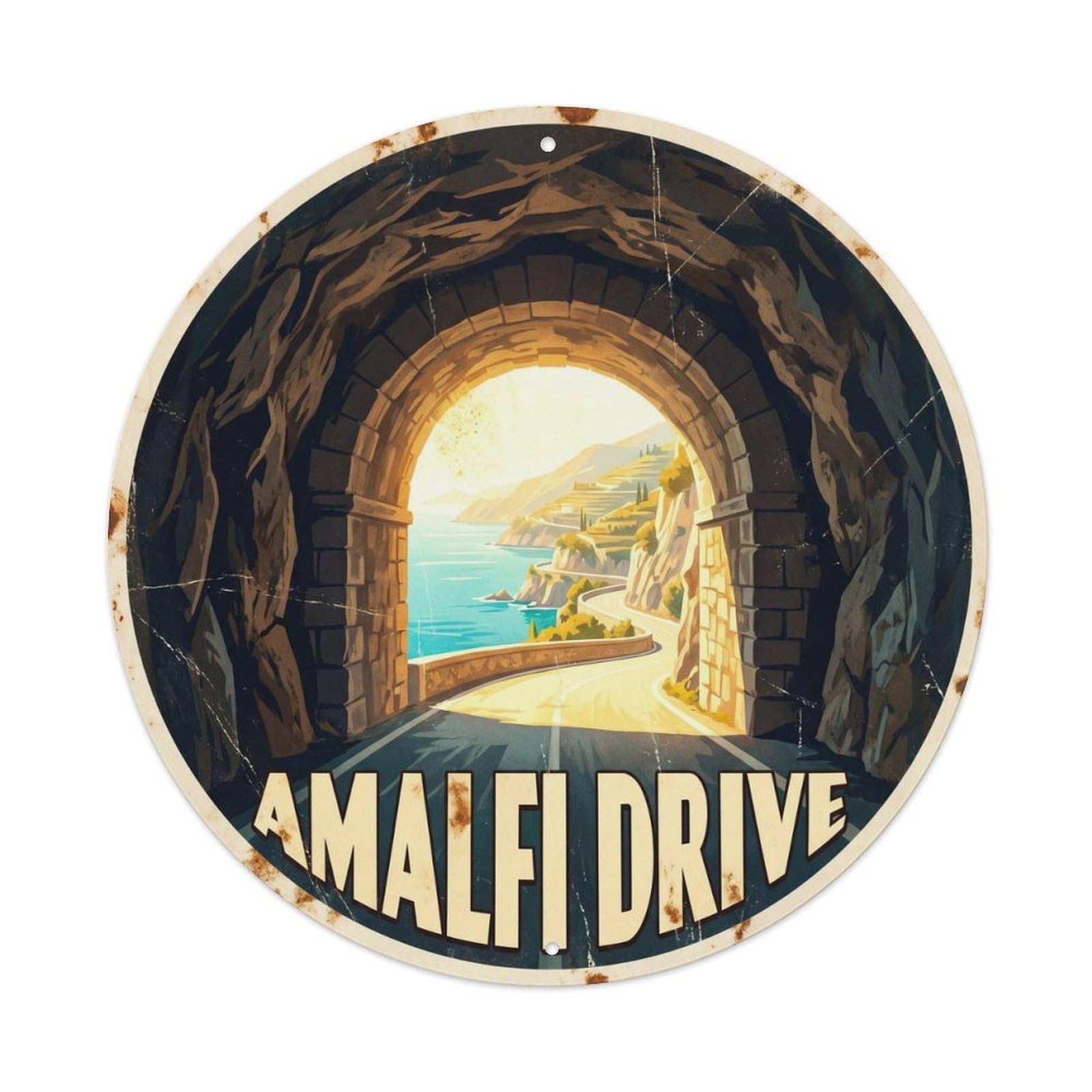 Vintage Travel Italy Coastal Tunnel Highway Metal Tin Sign Plaque Wall Decor for Cafe, Club, Garden Round Metal Poster 8x8Inch