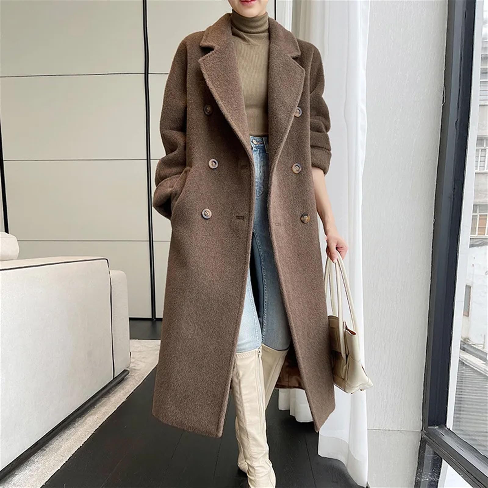 Cappotto di alpaca da donna lungo grigio cappotto per il tempo libero femminile nero ispessito allentato tipo dritto top doppiopetto con fodera