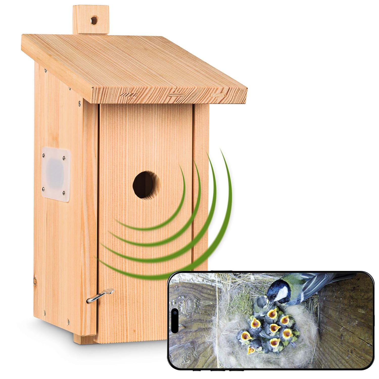 Nestblick Plus in Beige mit WLAN-Kamera. Nistkasten für Live-Beobachtung mit App, Full-HD, Nachtsicht, Ton und Infrarot LEDs. Ideal für Meisen, Kleiber & Zaunkönige.