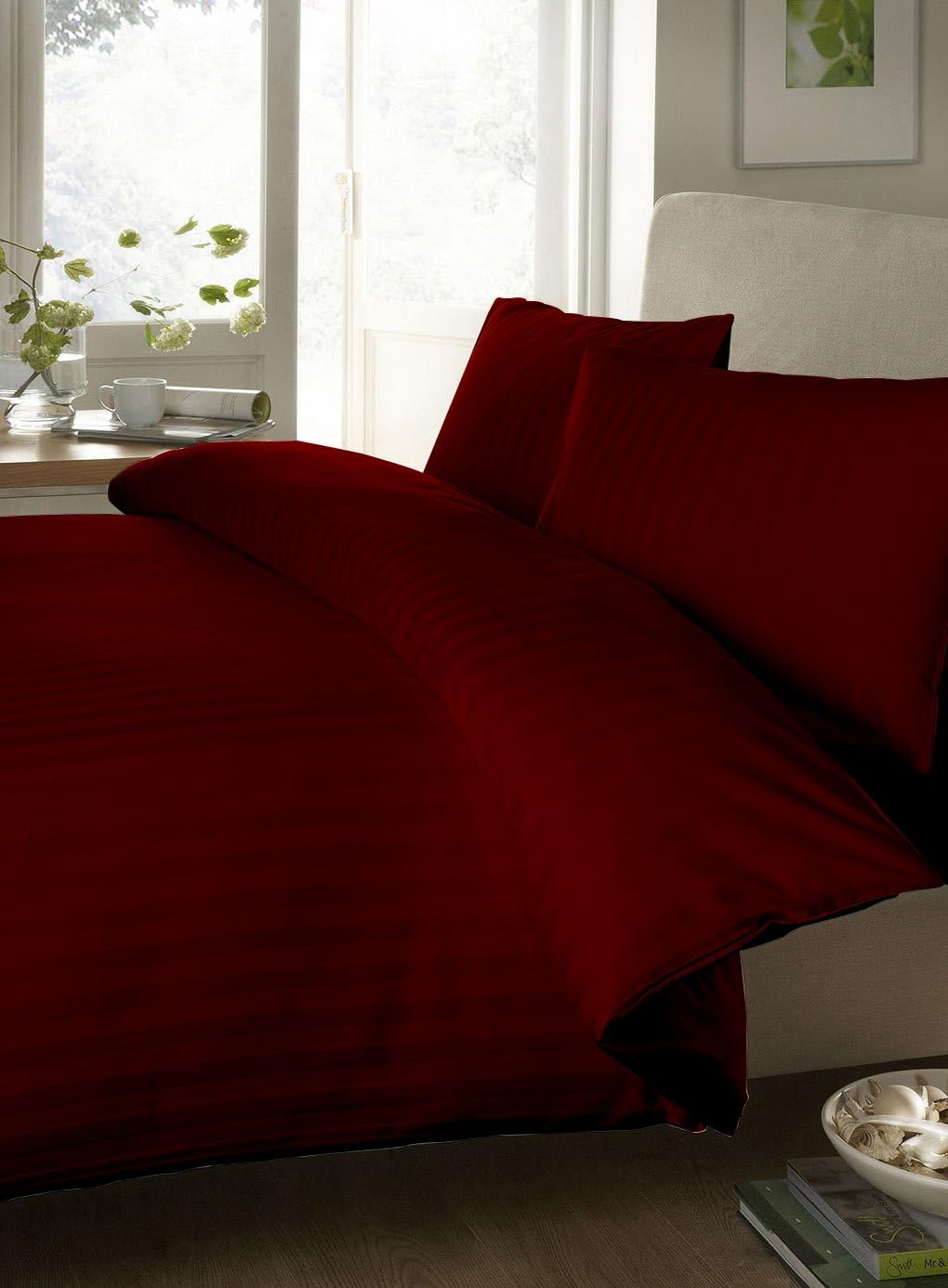 Italian Finish Duvet Set 800 TC Egyptian Cotton Cal-King Burgundy Stripe By Lacasa Bedding