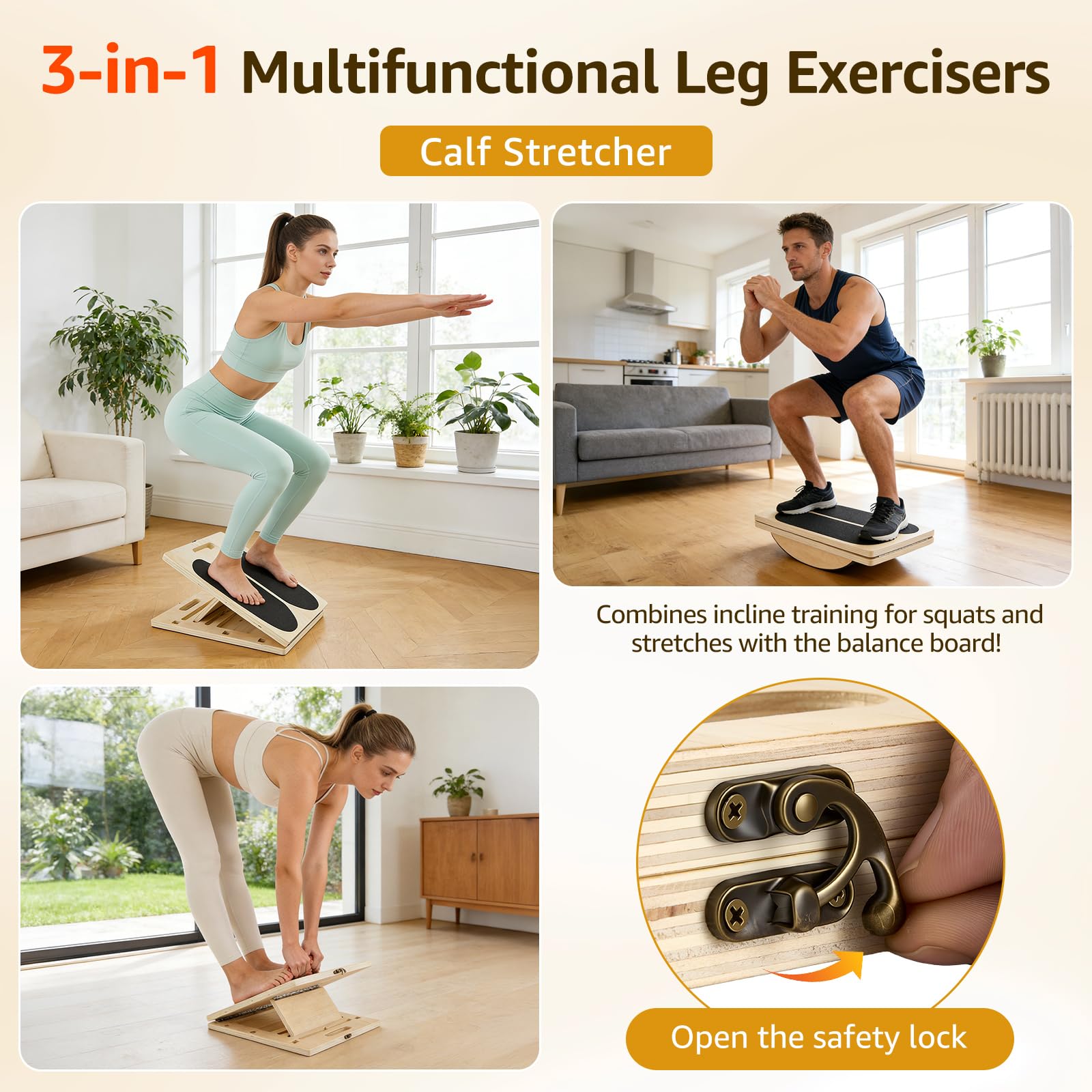 Balance Board 3-in-1 in Legno Portatile, Angoli Regolabili, Maniglia