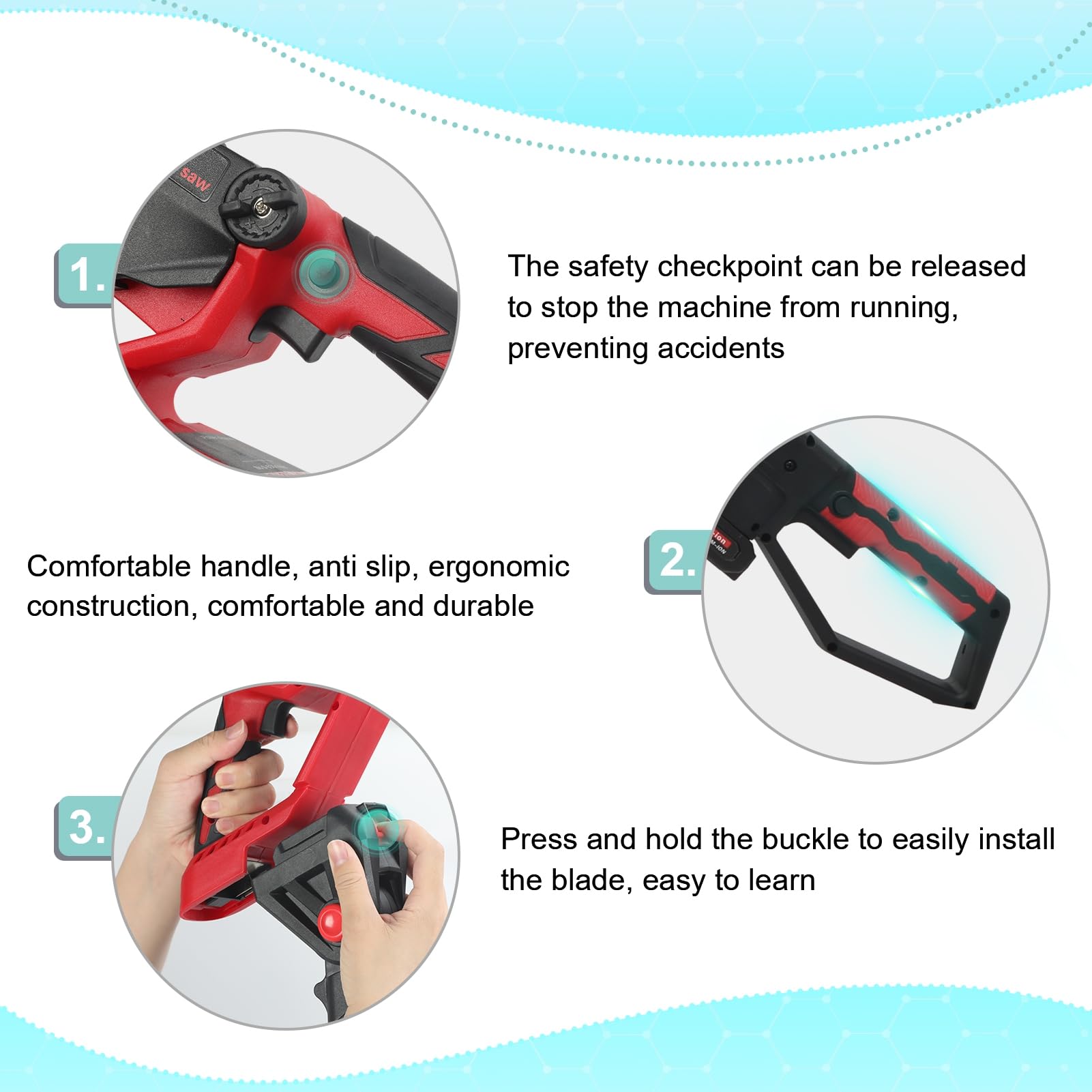 2 in 1 Mini Tronçonneuse et Élagueur sur Perche sans Fil, Tronçonneuse Télescopique de 6 Pouces, 2 Batteries, 180° Tête Inclinable, Portée 12 FT