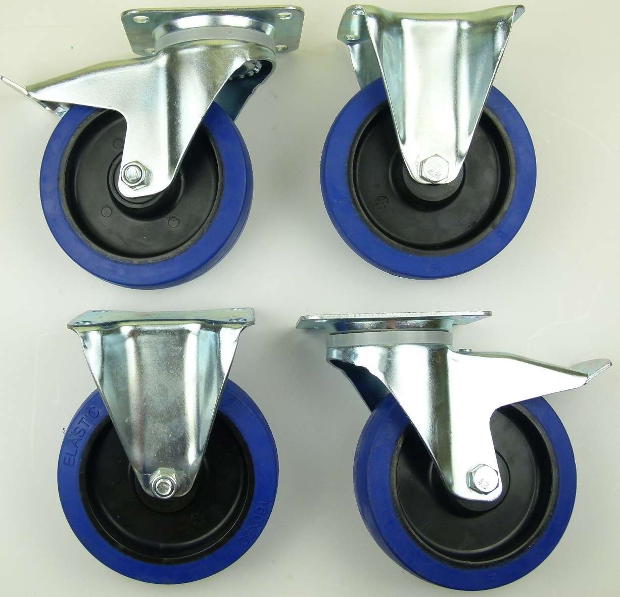 1 Satz 160mm Blue Wheels Lenkrollen mit Bremse/Feststellbremse + Bockrollen Transportrollen Blau 300kg / Rad - INDUSTRIEQALITÄT (2x Brems + 2x Bock)