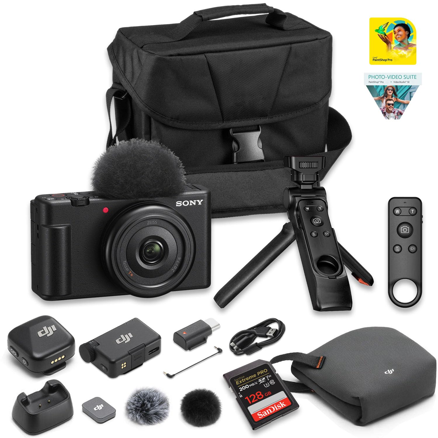 Sony ZV-1F Compact Vlog Camera (Black) with DJI Mic Mini Wireless Mic System for Camera & Smartphone | 4K, 20mm Ultra-Wide, Face Priority AE | Bundle: 128GB Memory Card, Case + Corel Software