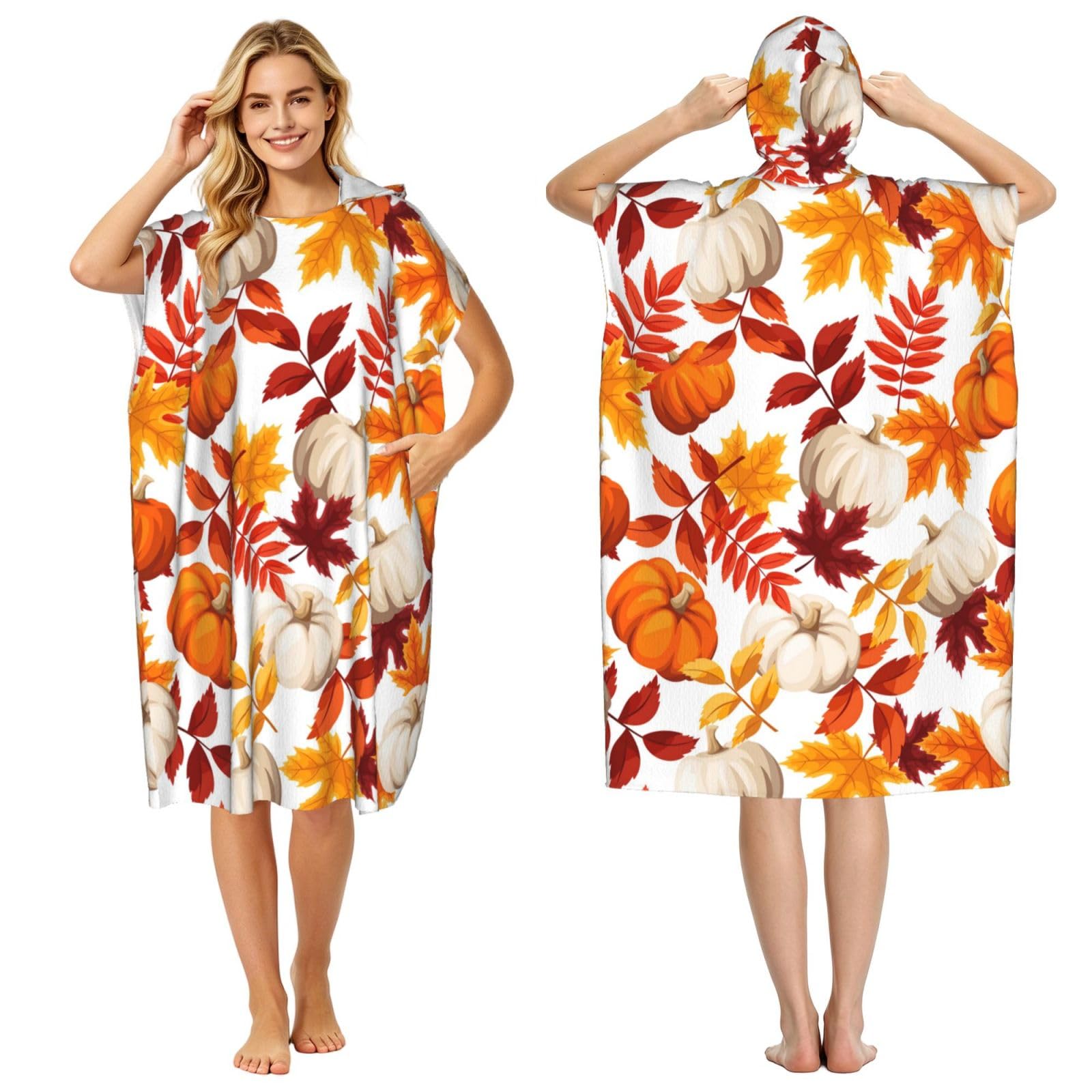 Poadnly Autumn Pumpkin, Adult Hooded Beach Towel 90 x 110 cm,Changing Bath Robe, Surf Poncho Towel For Women Men