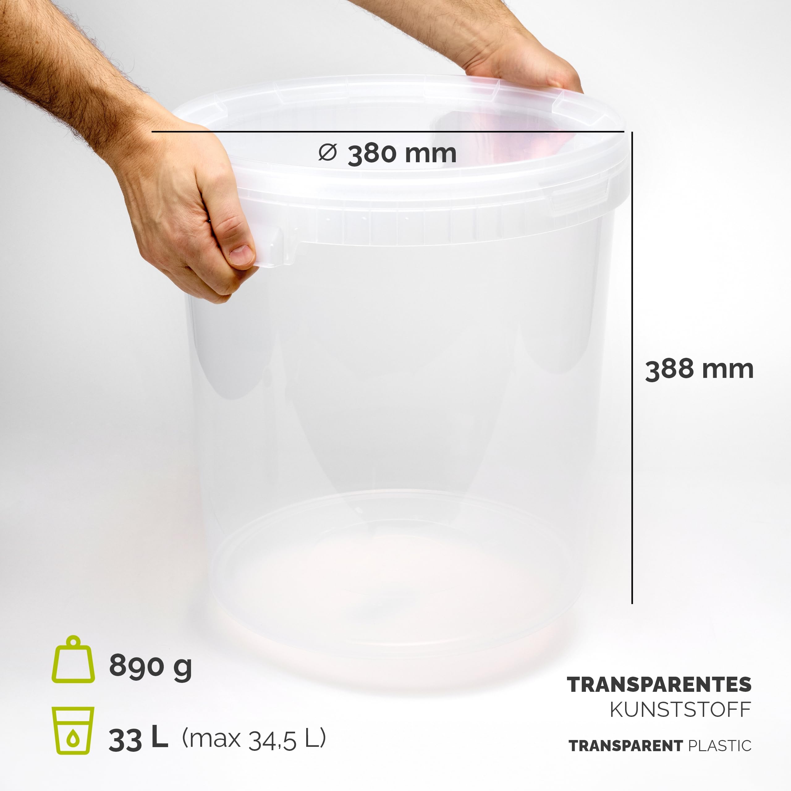 Garronda Eimer mit Deckel 30 L für die Lagerung von Lebensmittel- und Chemischen Produkten Transparent 10 Stück GD-0117