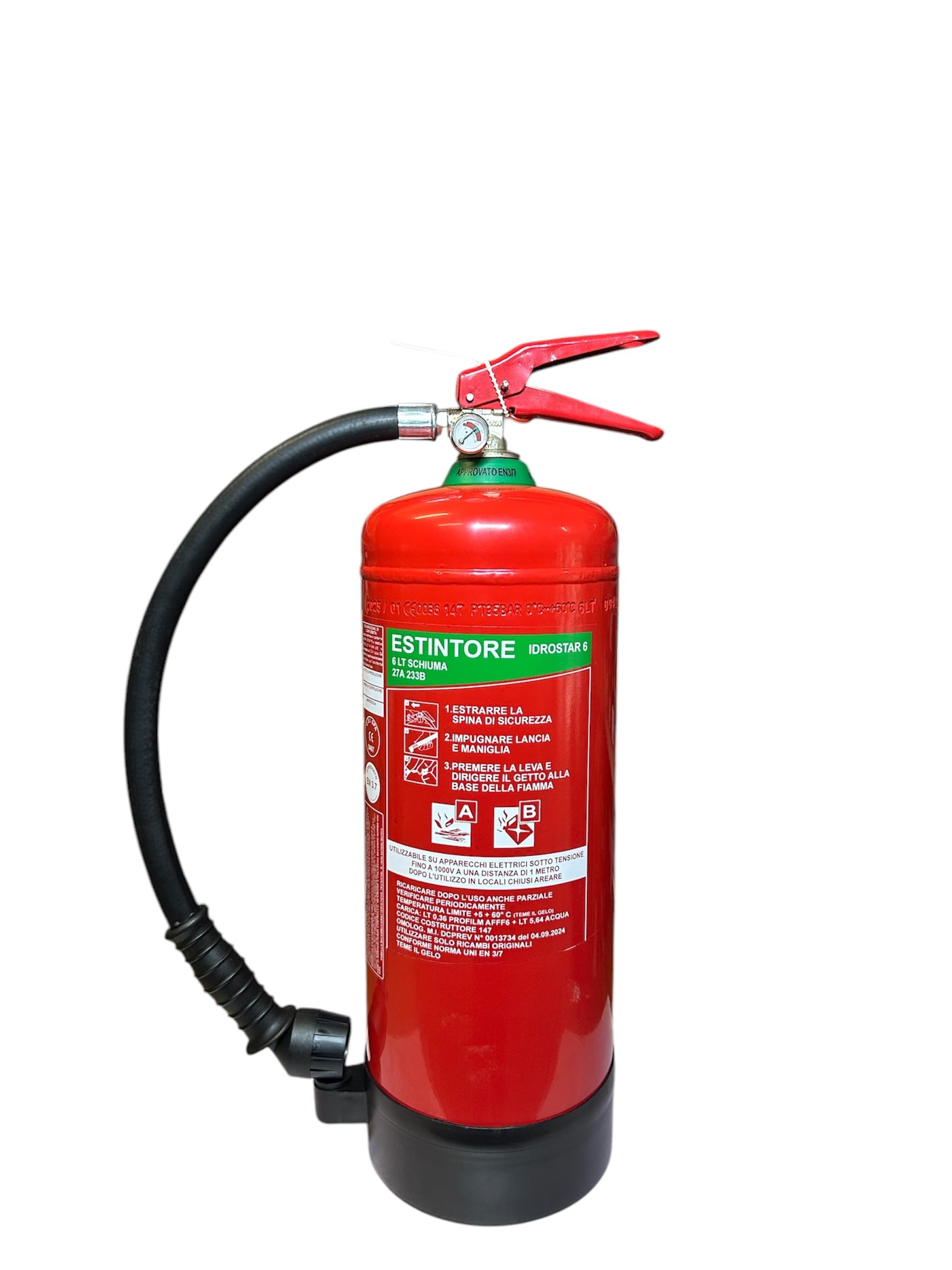 Estintore A Schiuma LT 6 2026 Omologato E Certificato Con Staffa E Cartello Pvc Adesivo Per Uffici Negozi Hotel Case Vacanze B&B UNI EN 3-7 Con Cartellino Di Manutenzione Semestrale