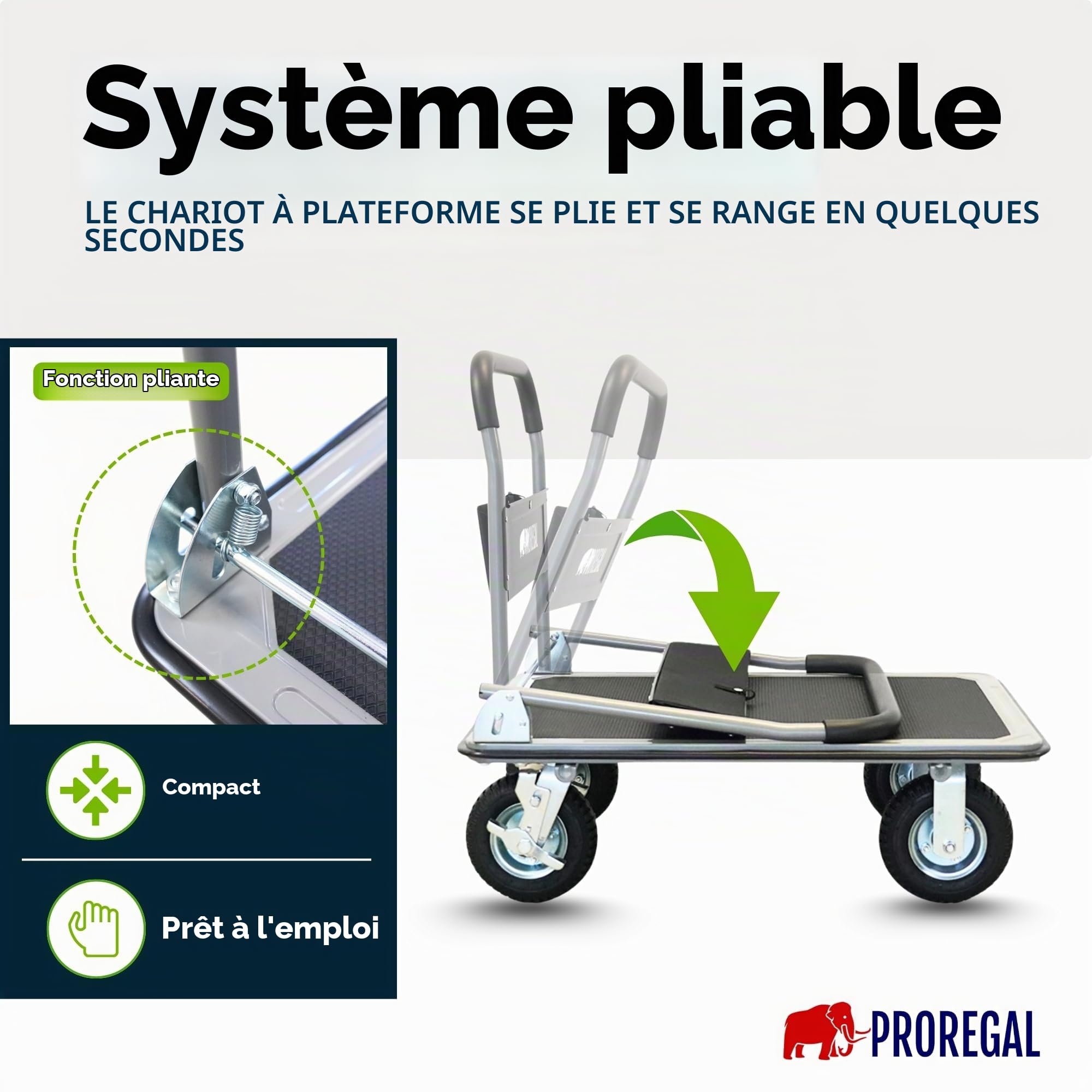 PROREGAL Chariot à Plateforme Professionnel BIG Rhino 300 kg Pliable avec pneus pneumatiques, roulettes pivotantes à 360° et roulettes Fixes avec Frein de stationnement
