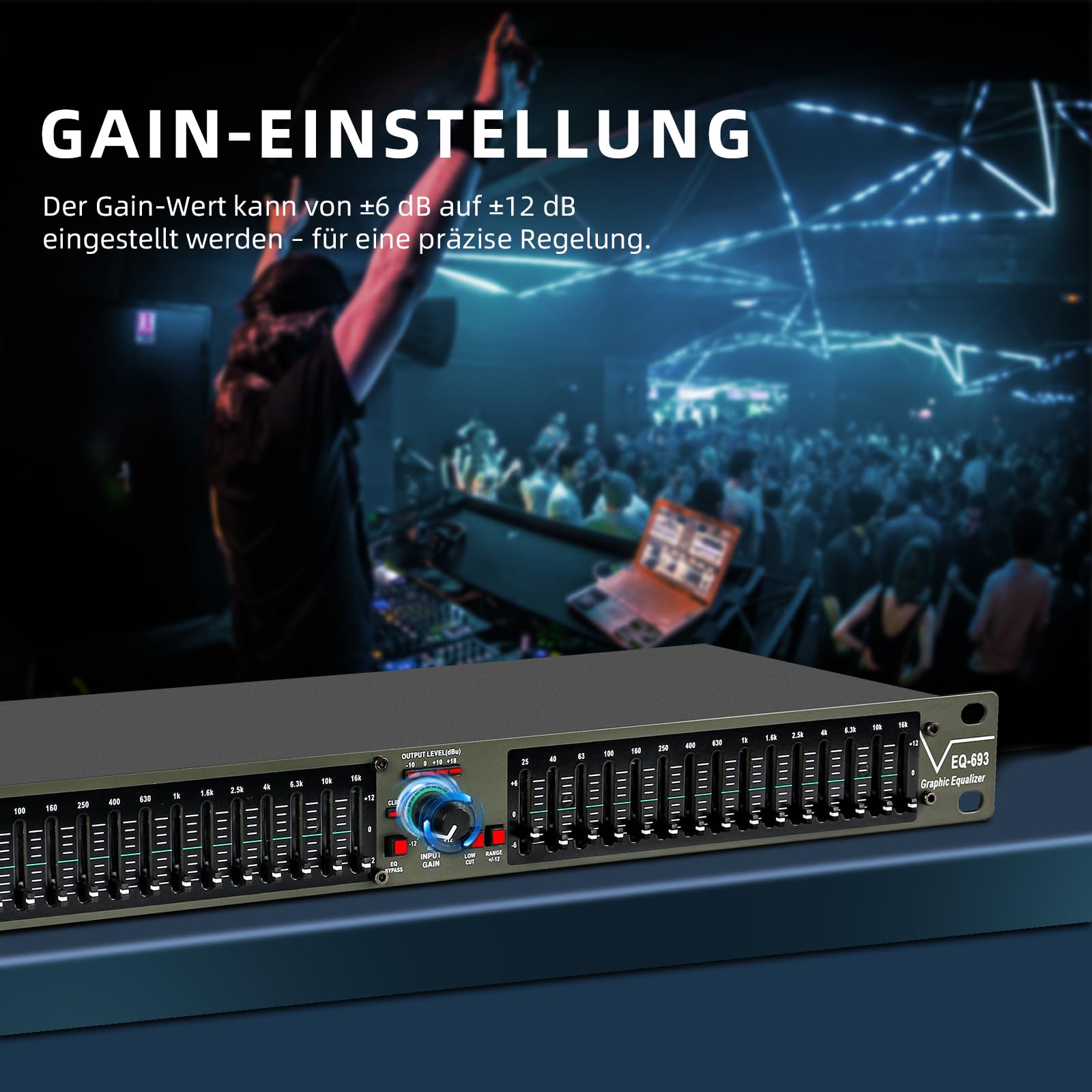 15-Band-EQ Stereo Grafik-Equalizer,2-Kanal Profi-DJ-Equalizer mit Rauschunterdrückung für Heimkino,Party,Bühne & Studio (Rackmount-fähig) EQ-693