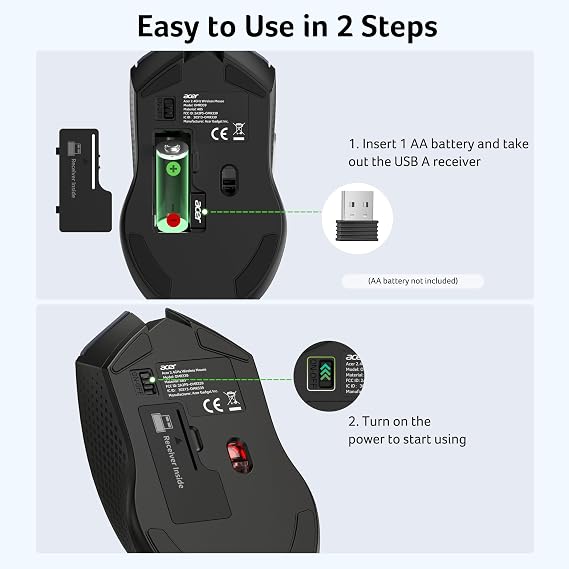 acer Wireless Mouse for Laptop, 2.4GHz Computer Mouse 5 Adjustable DPI Office Cordless USB Mice with USBA Receiver, 6 Buttons, 4000 DPI, Medium to Large Sized Hands Compatible with PC, Laptop, Desktop