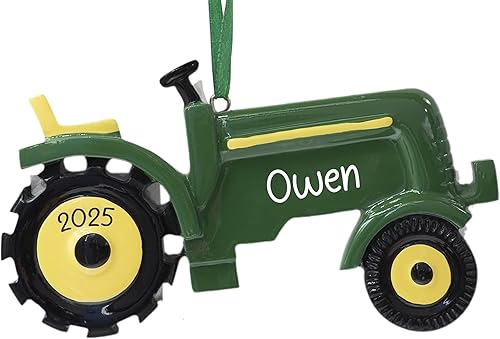 Adorno de Navidad personalizado de tractor 2023 Personalización escrita a mano gratis Vehículo de granja verde, remolque agrícola para árbol de