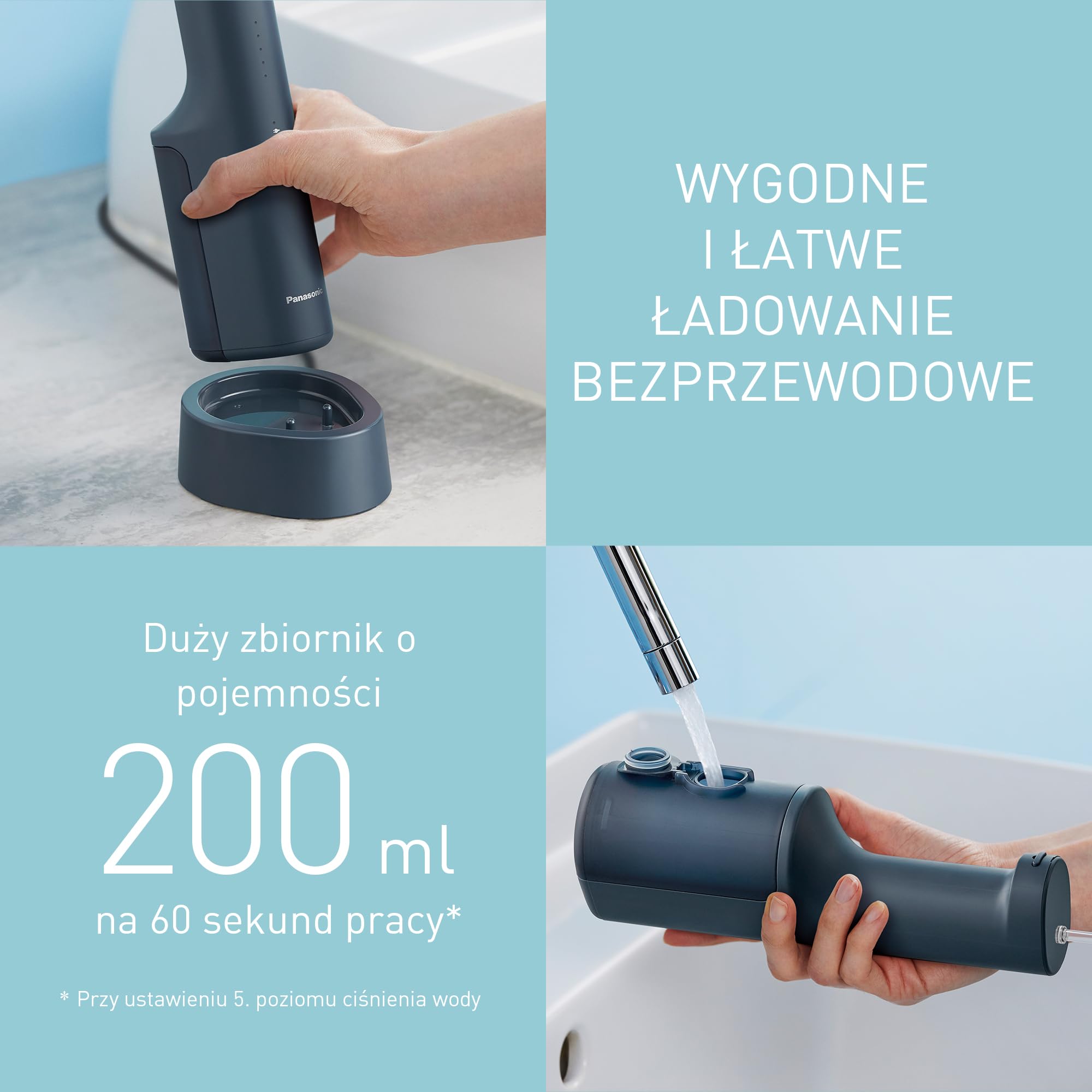Panasonic Series 600 EW-DJ66-A303, Irygator do Zębów, 200 ml, IPX7, 2 Dysze Ultradźwiękowe, 5 Ustawień Ciśnienia, Akcesorium Podróżne, Granatowy