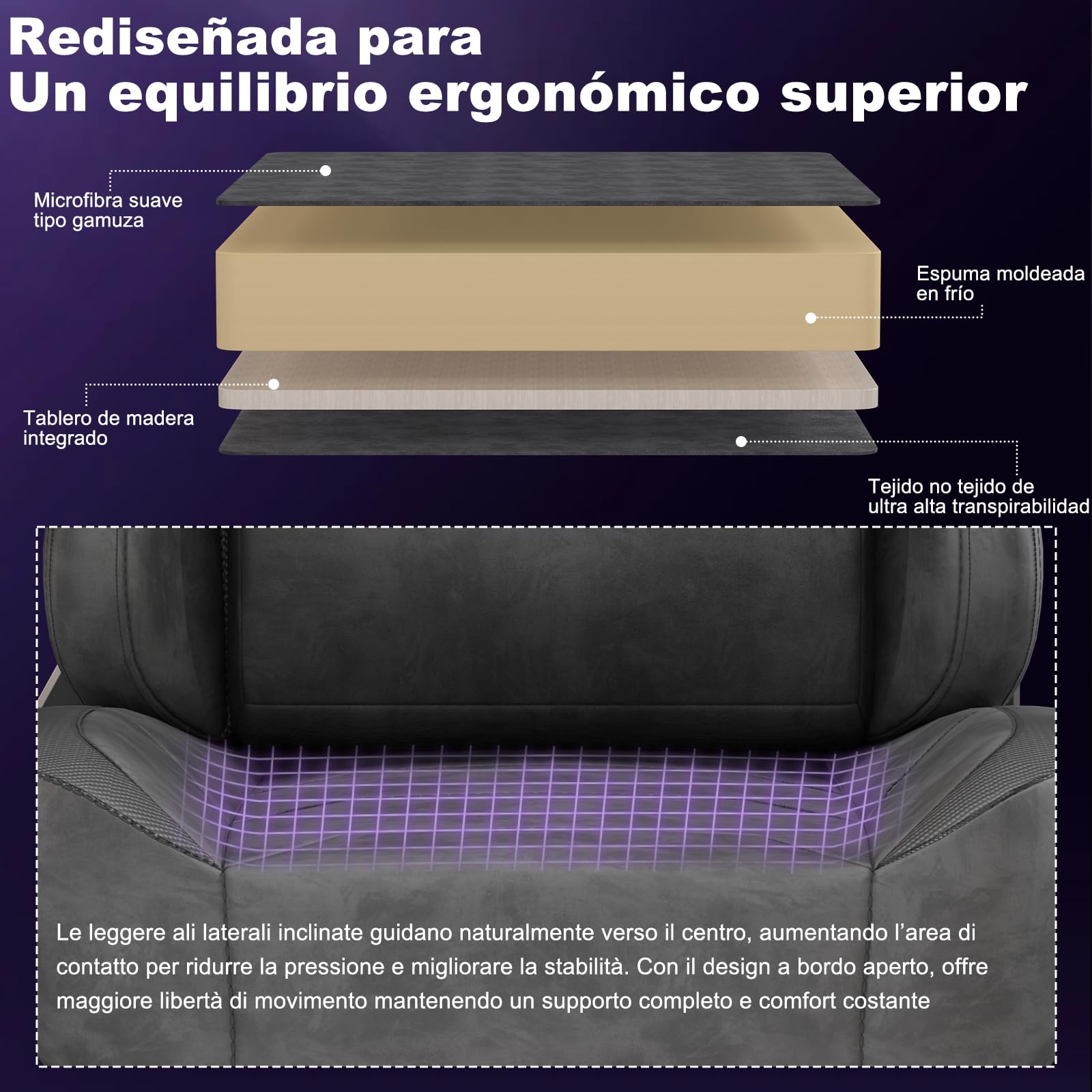 Devoko Silla Gamer Ergonómica para Oficina y Ordenador, Gamuza Suave, Reposabrazos 3D, Espuma Moldeada, Cojín Lumbar Ajustable, Base Metálica Fuerte, 180 kg, Gris Carbón