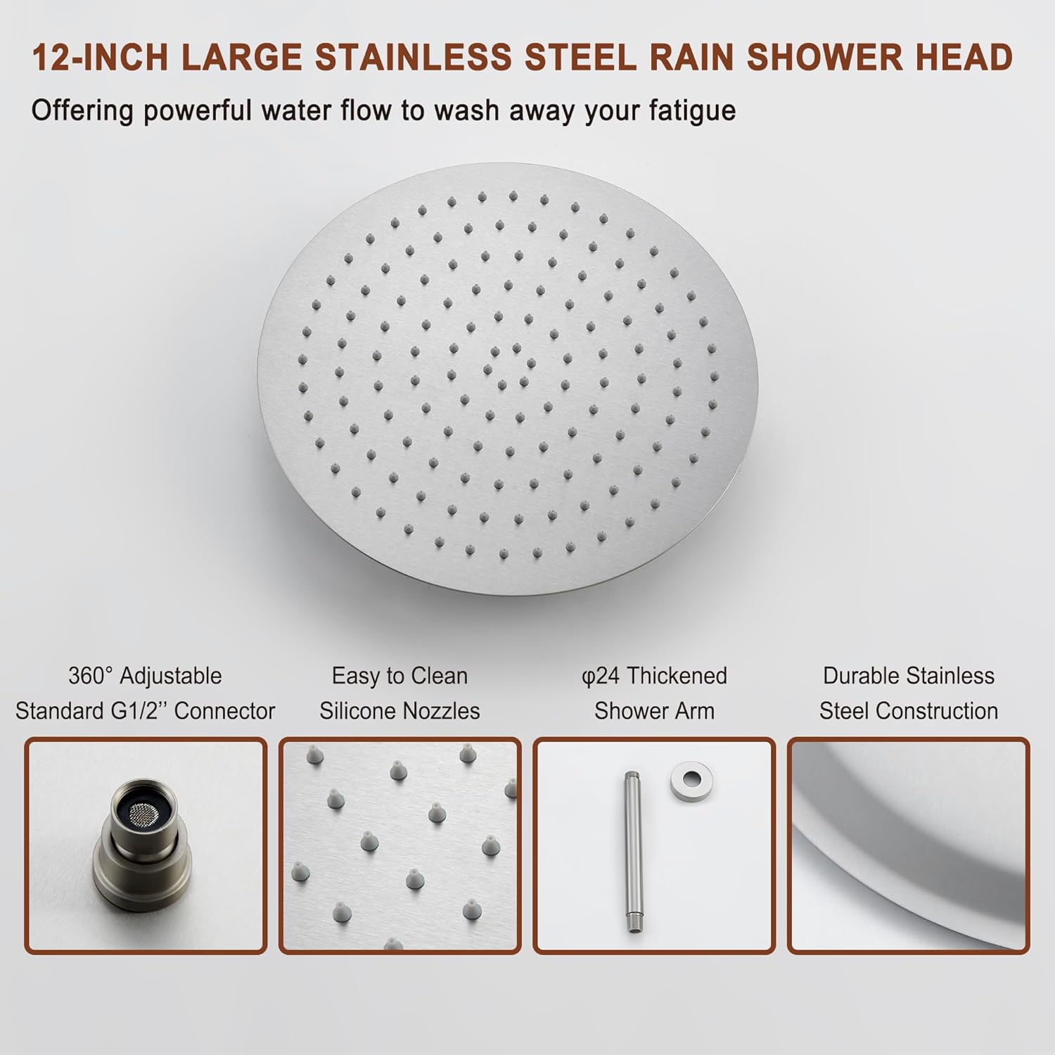Close-up of the 12-inch rain shower head, highlighting its 360-degree adjustable connector, easy-to-clean silicone nozzles, thickened shower arm, and durable stainless steel construction.