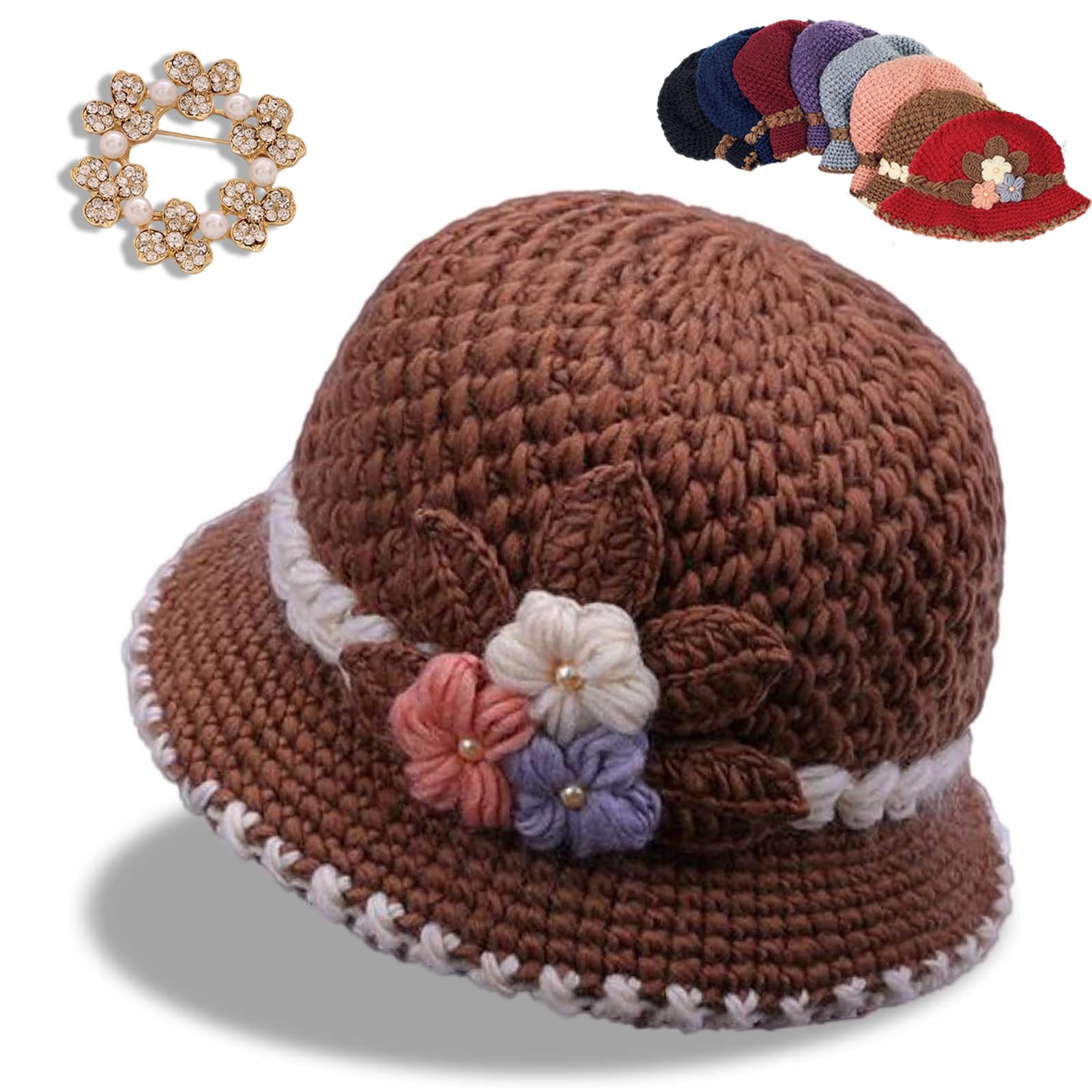 HOPASRISEE Women's Flowers Knitted Woolen Hat, Women's Classic French Beret Warm and Windproof Knitted Crochet Flower Knitting Hat, Breathable Knit Skullcap Ladies Winter Hats (Khaki)