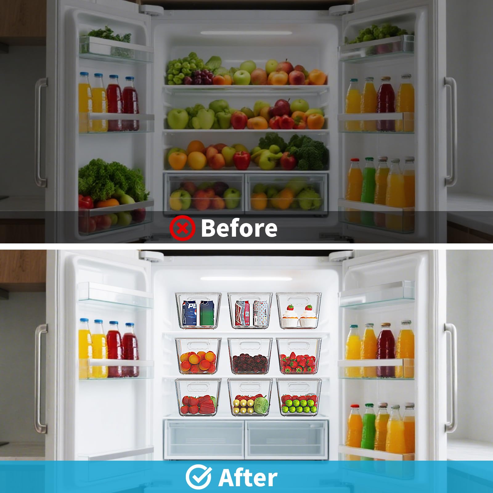Set di 4 Contenitori per Frigo con Coperchio, Grandi Organizer Cucina Impilabili Trasparenti, Organizer Dispensa Senza BPA, 30x20x15 cm