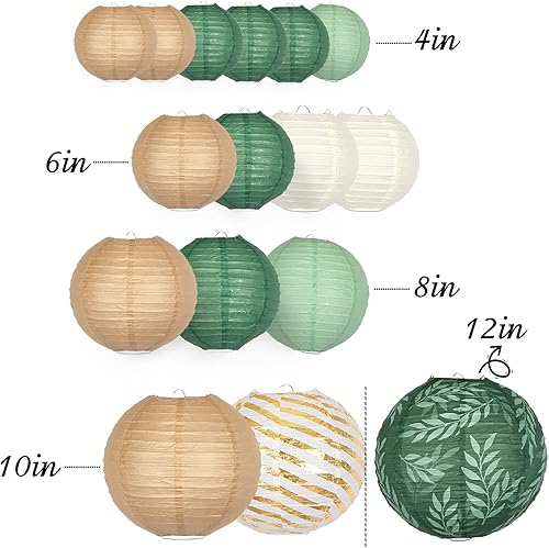 Miniatura 4 de Faroles de papel colgantes decorativos, linternas de papel verde y marrón, decoración de fiesta de techo con 16 luces LED para cumpleaños, despedida