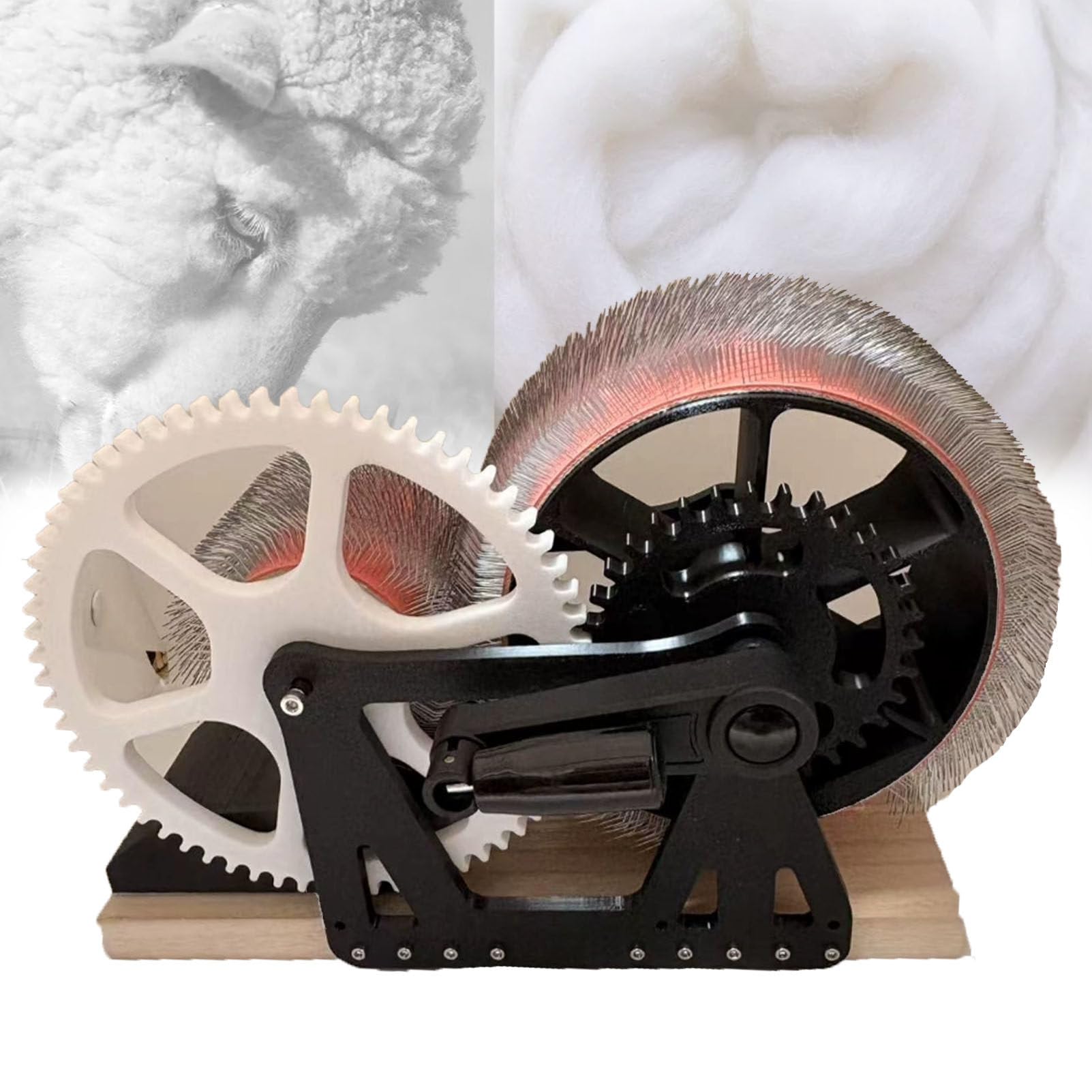 Pfps Manual Wool Felt Drum Carder with Hand Crank, Wooden Blending Board, Compact Wool Combing Machine for Removing Impurities, Spinning Fiber Blackwhite