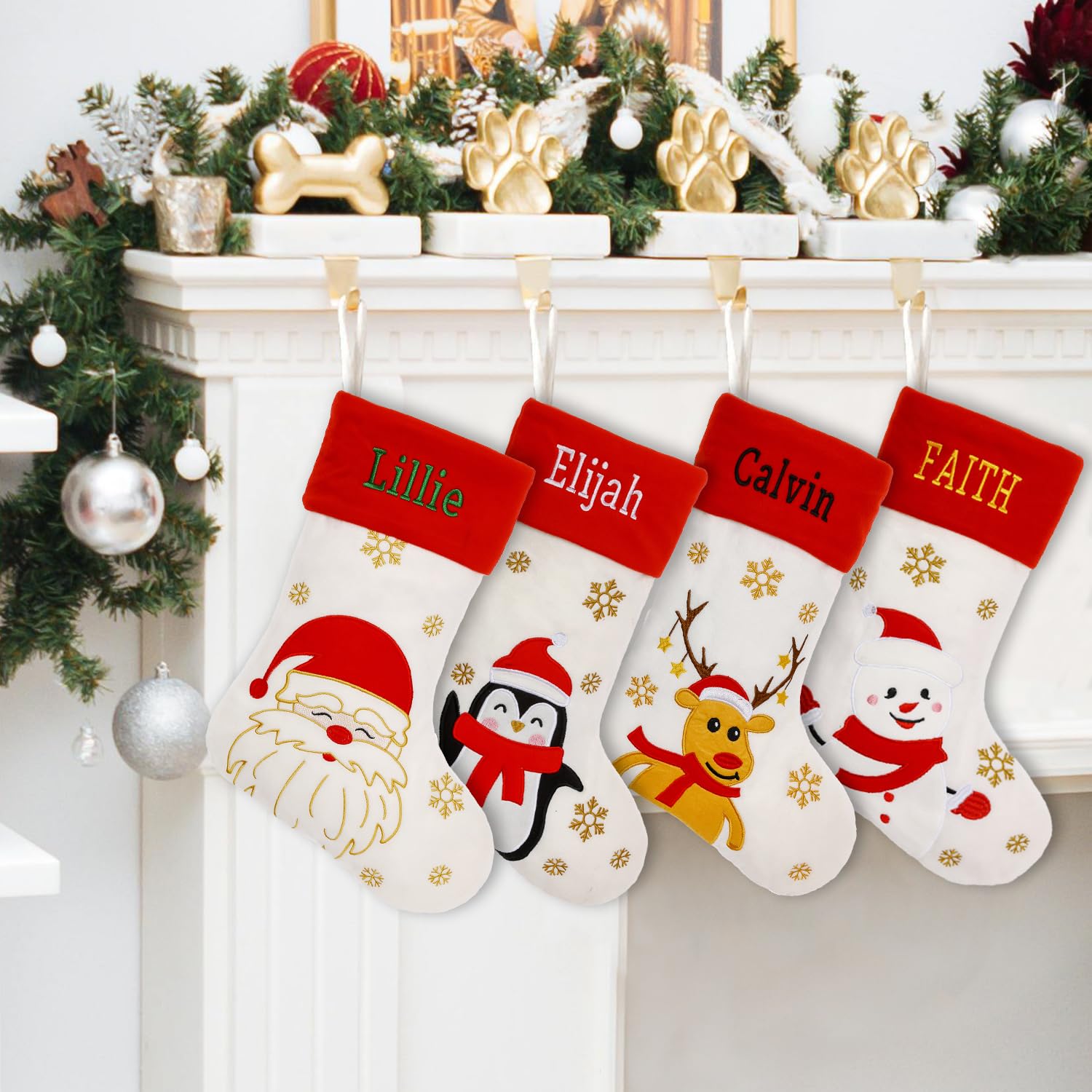 VRFASHION 5 Pcs Personalized Christmas Stockings, 18" Large Custom Embroidered Name Xmas Stockings, Velvet Cartoon Xmas Fireplace Hanging Stockings with Name, Christmas Decorations for Family Party