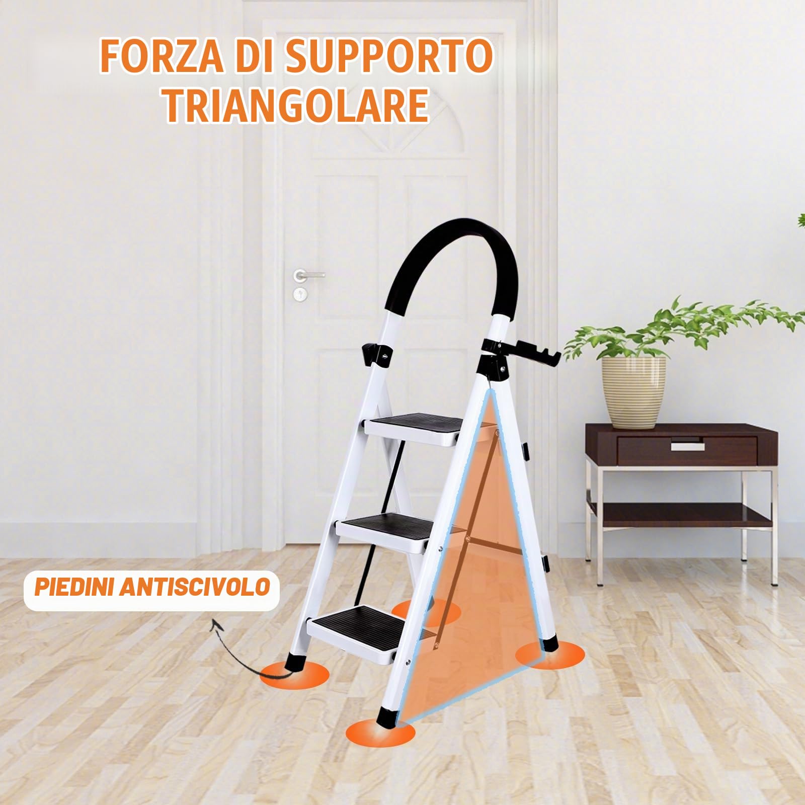 Scaletta pieghevole a 3/4/5 gradini di carico massimo di 150 kg, blocco di sicurezza, pedali larghi braccioli a scala a scomparsa leggeri per casa, cucina, armadio e ufficio (bianco-3 gradini)