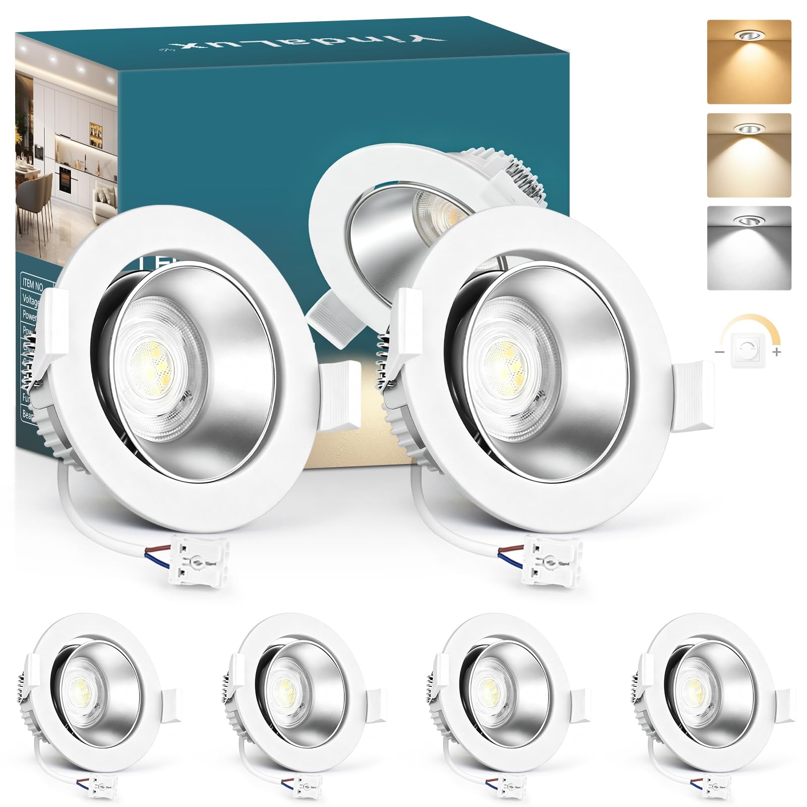 YindaLux 6x LED Einbaustrahler 230V Dimmbar, 5W 550LM 3000K/4000K/6500K, Schwenkbare Deckenspots IP44 Einbauspots, Tiefe Reflektorschale, Abnehmbares LED Modul, 38°/120°, Ø75-80mm Loch, Weiß Silber