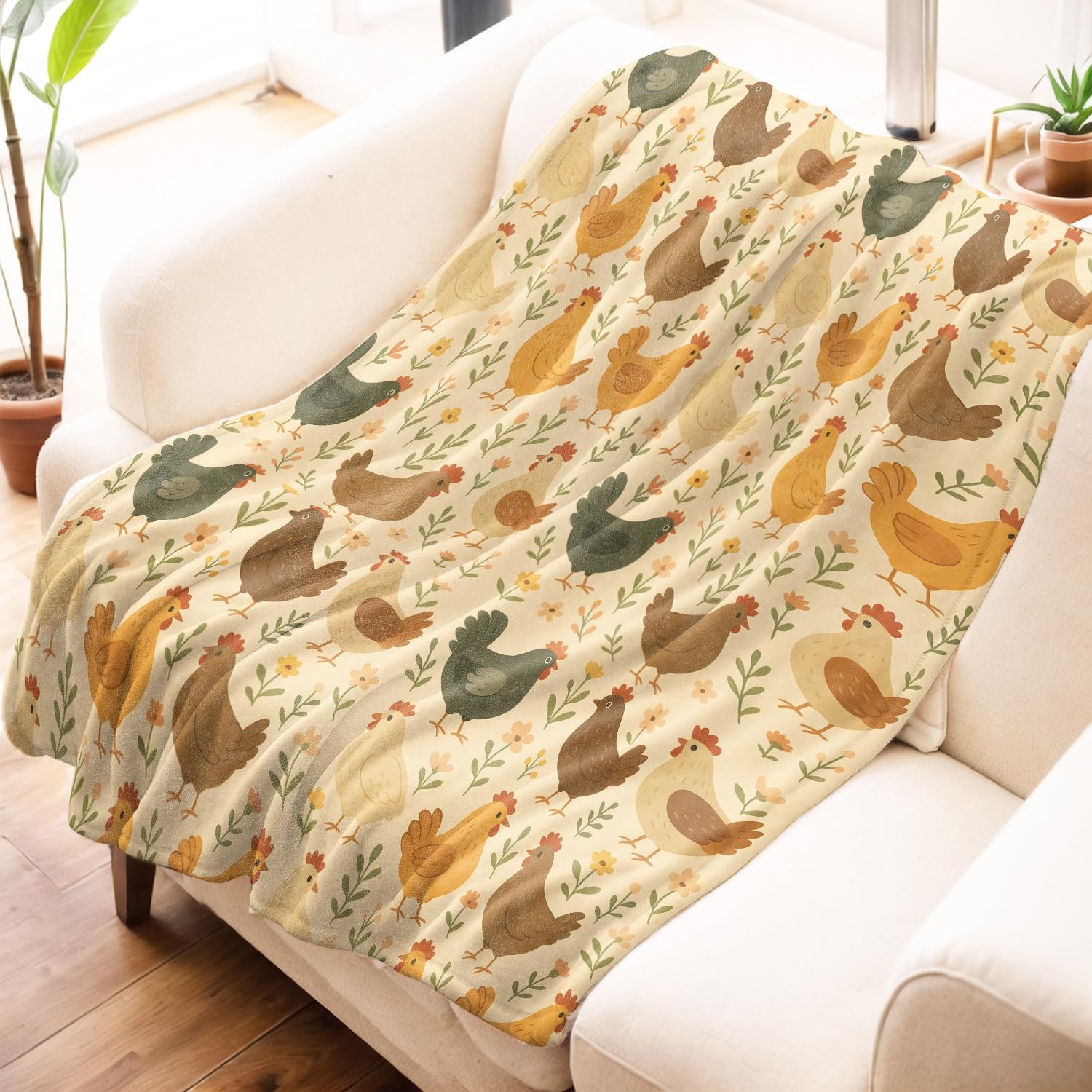 Farm Chicken Floral Blanket, Country Hen Flannel Throw Blankets, 50"x60", Soft Warm Lightweight Fuzzy Cozy Throws for Couch Bed Sofa Decorative Gifts for Nature Lover Women Kids, Beige - Image 2
