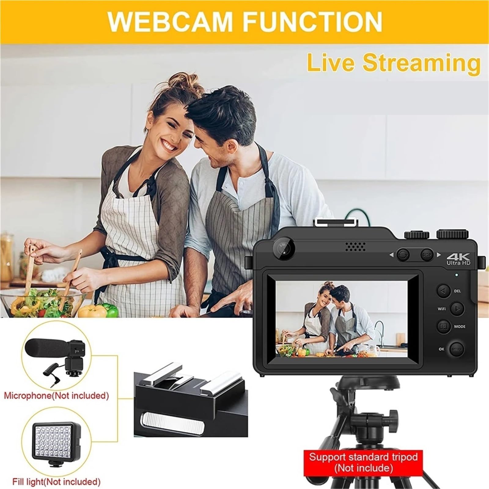Cámaras Digitales 4K for fotografía, cámara Campact antivibración con Zoom Digital 18X, de vídeo Vlogging Enfoque automático WiFi 48MP Ligero(NO TF Card)