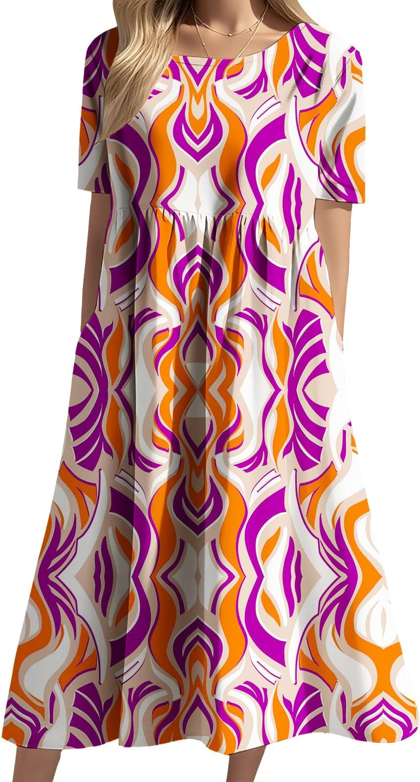 - Women's Modern Abstract Geometric Maxi Dresses Crewneck High Waist with Pockets Half Sleeve Flowy Summer Dress